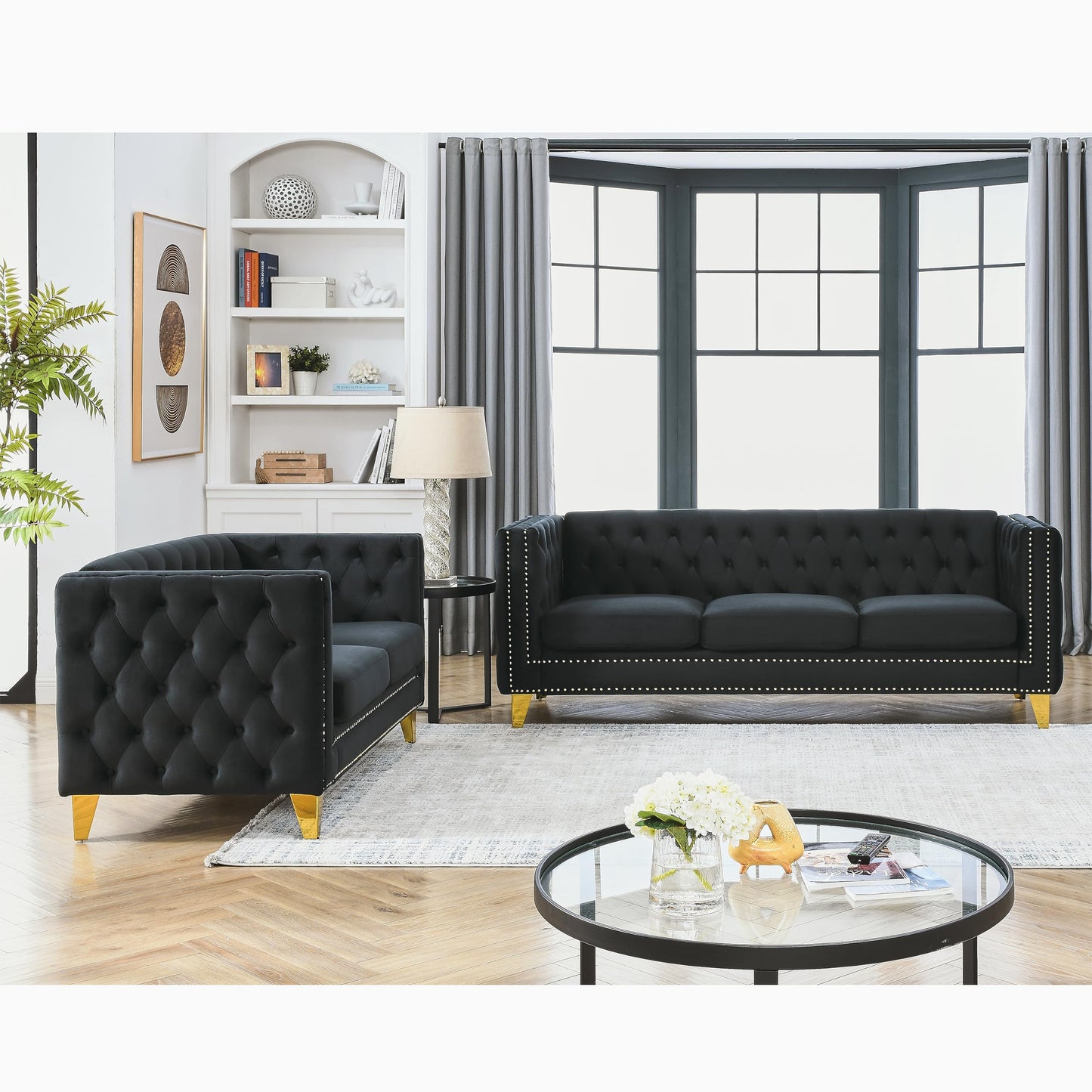 KEIKI Tufted Velvet 3+2 Seat Sofa Couch for Living Room, Buttons Tufted Square Arm Couch for Home Apartment, Black