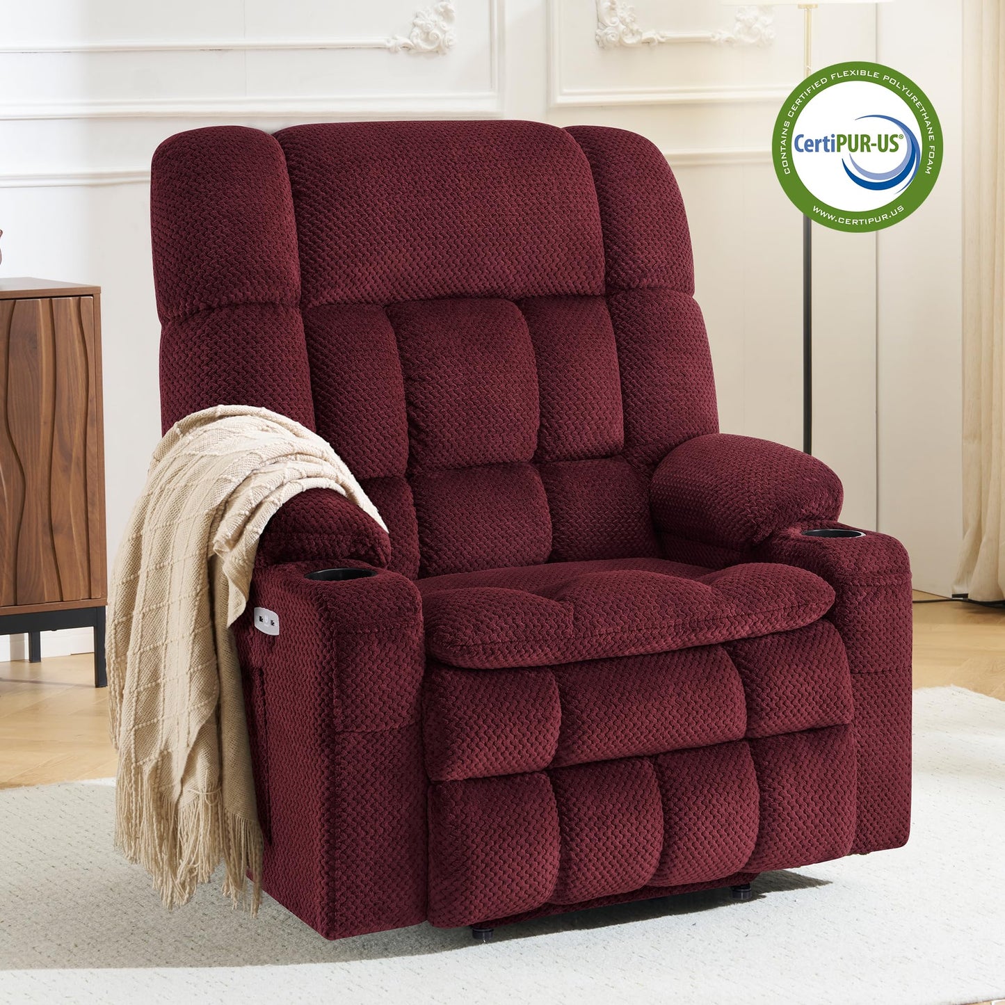 MCombo Oversized Power Lift Recliner Chair for Elderly, Dual Motor Lift Chair with Heat and Massage, Lay Flat Lift Chair for Big and Tall, Cup Holders, Fabric R7891 (Oversize, Burgundy)