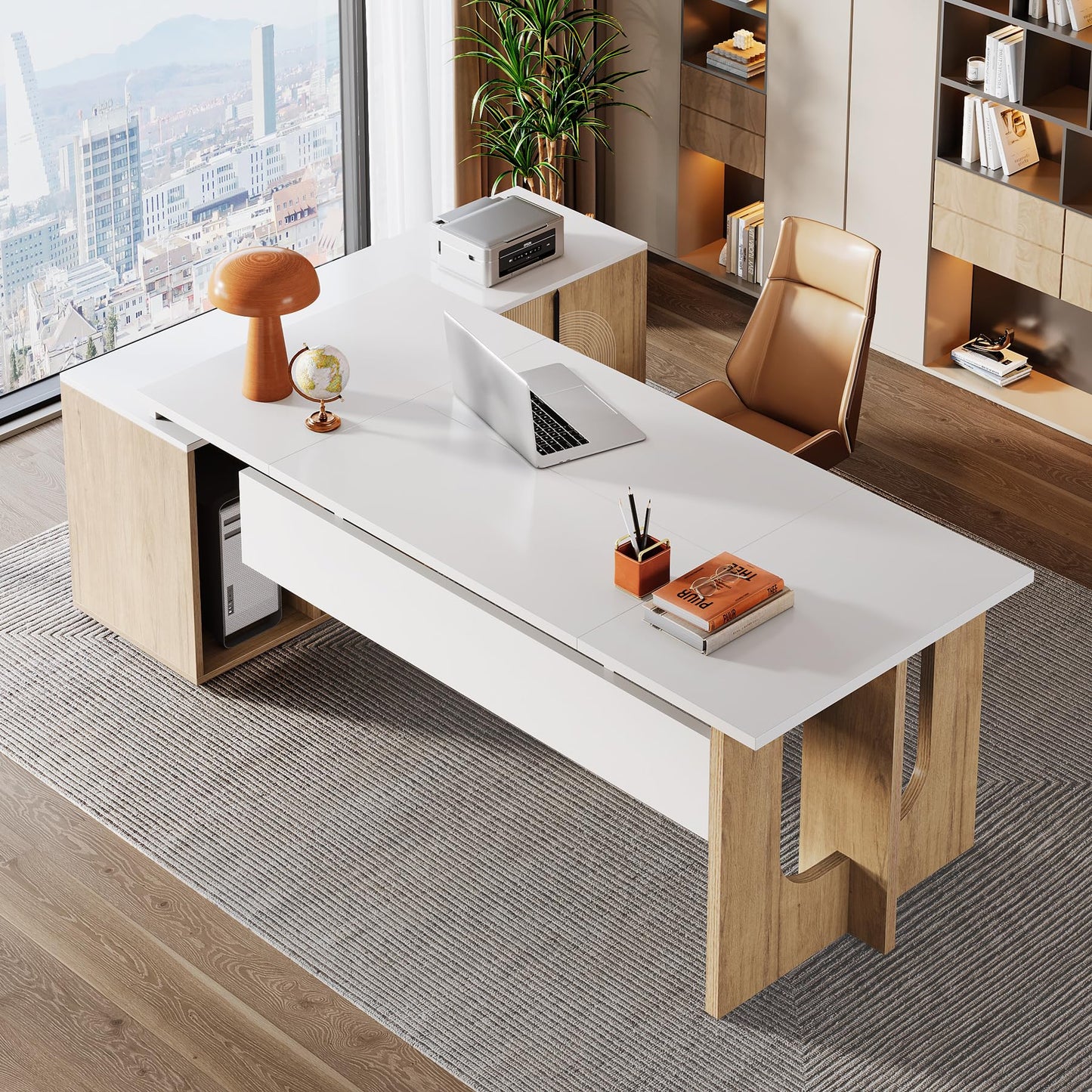 Tribesigns 74.8 Inch Executive Desk, Large Office Desk with Cabinet, L Shaped Computer Desk with Shelves and CPU Storage, Modern Home Office Desks Business Furniture Workstation Set, White and Wood