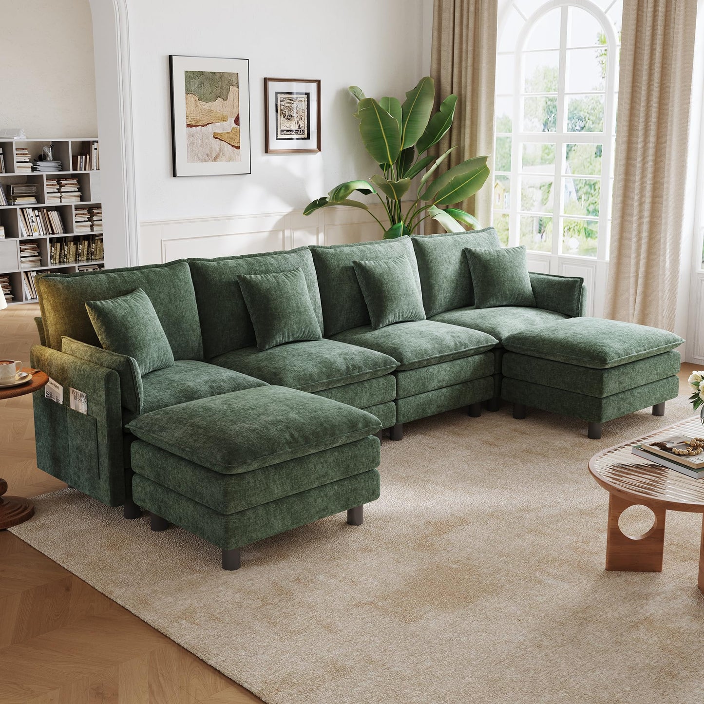 LINSY HOME 129'' Modular Sectional Sofa 4 Seat Couch Chenille Cloud Couch with Deep Seat, U Shaped Couch with 2 Movable Ottoman for Living Room, Office, Bedroom, Green(Pillows Included)