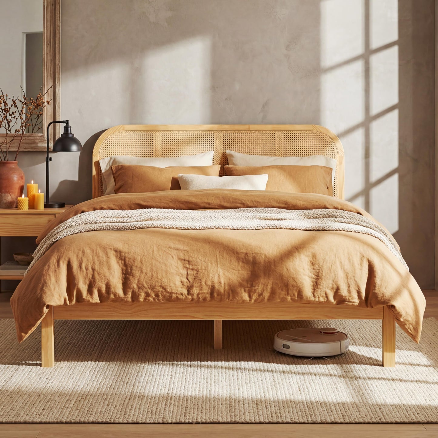 Merax Queen Size Natural Wood Bed Frame with Rattan Headboard, Boho Style Platform Bed Frame with Sturdy Solid Slats Support, No Box Spring Needed, 800lbs Capacity, Noise-Free, Easy Assembly