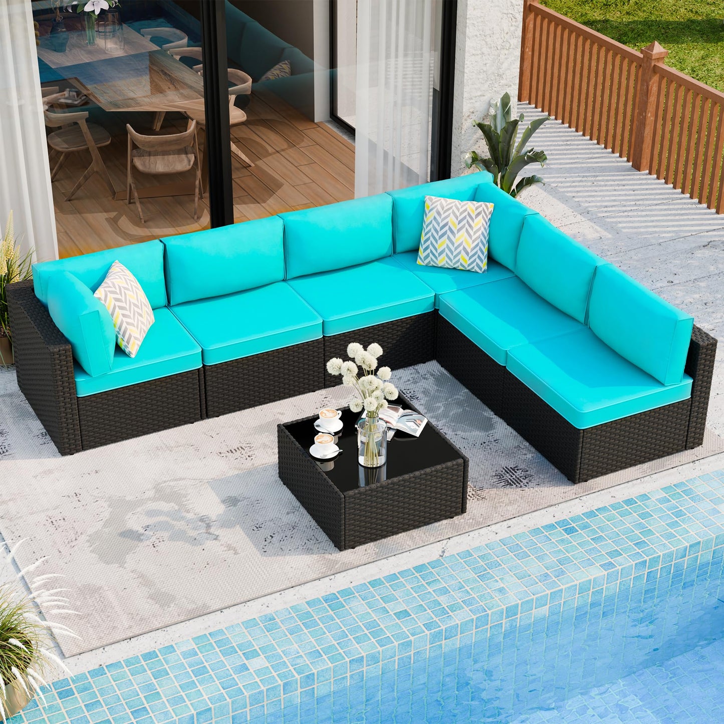 7 Piece Outdoor Patio Furniture Set,Black PE Rattan Wicker Sectional Sofa, All Weather Conversation Set with Washable Cushions & Glass Coffee Table for Backyard Poolside Garden Porch,Blue