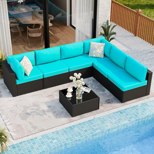 7 Piece Outdoor Patio Furniture Set,Black PE Rattan Wicker Sectional Sofa, All Weather Conversation Set with Washable Cushions & Glass Coffee Table for Backyard Poolside Garden Porch,Blue