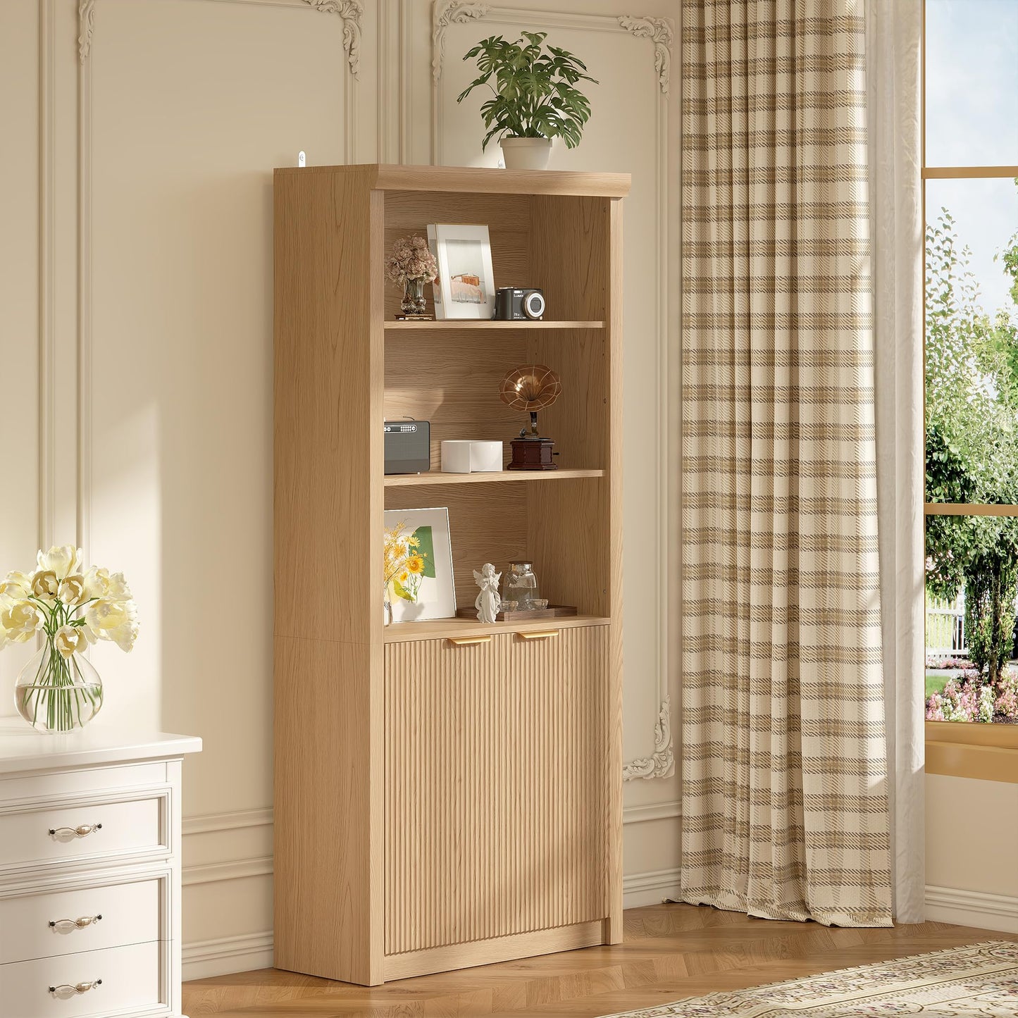 Garvee Tall Book Shelf and Bookcase, Wooden Bookcase with Doors, Modern Book Case with Large Storage Cabinet, 5-Shelf Bookcases with Adjustable top Shelve for Home Office, Living Room, 2 Set Oak
