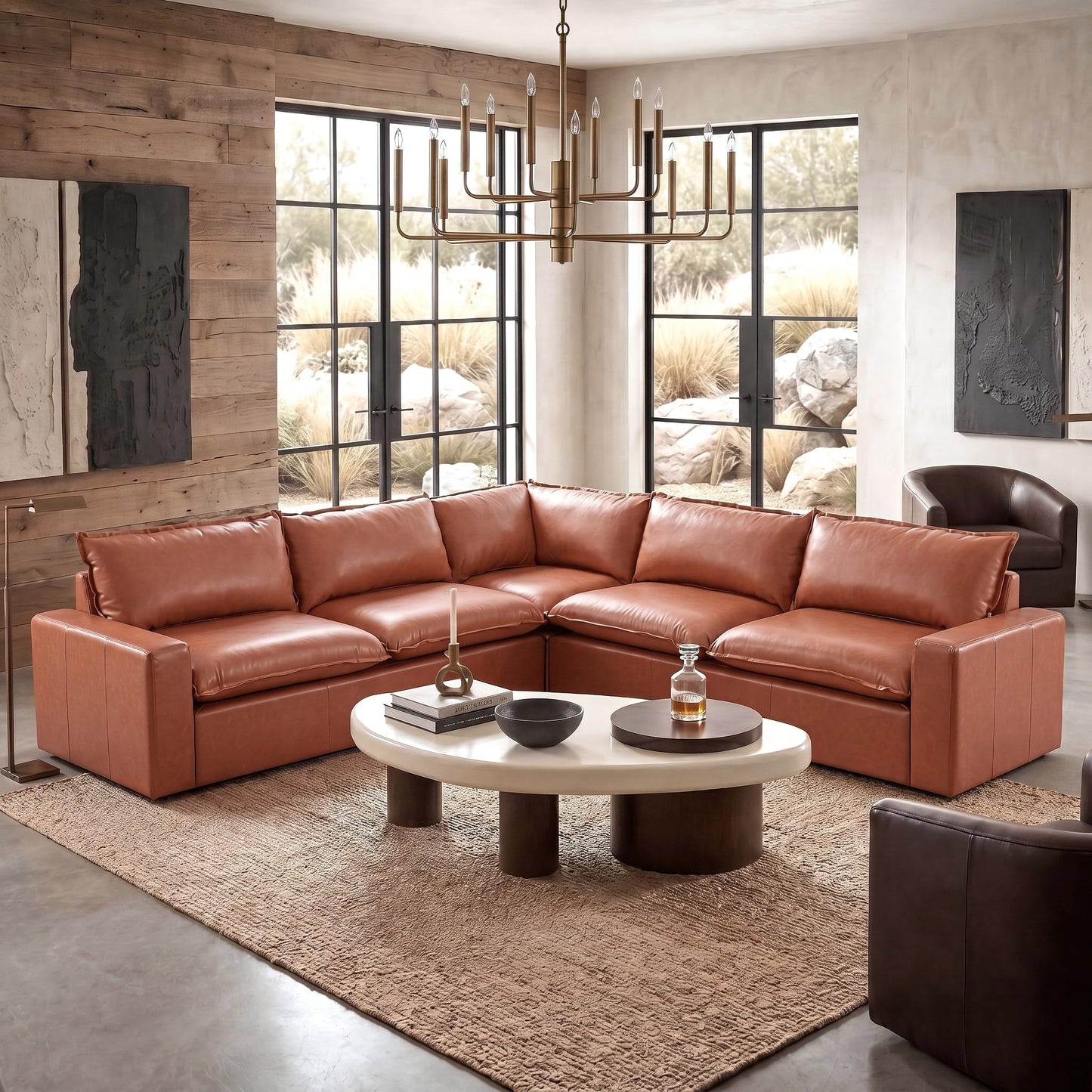 Christopher Knight Home Ruben Faux Leather 4-Seater Modular Sectional Sofa Couch with Wooden Frame, Modern L-Shaped Sofa Set for Living Room, Upholstered Cloud Couch with Back Pillows, Brown