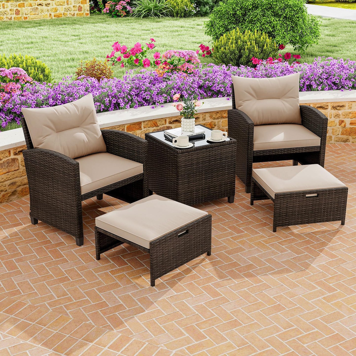 Tangkula 5 Pieces Patio Conversation Set, PE Wicker Rattan Outdoor Furniture Set with 2 Chairs, 2 Ottomans & Tempered Glass Coffee Table, Ideal for Poolside, Backyard, Lawn, Deck (Mix Brown & Beige)