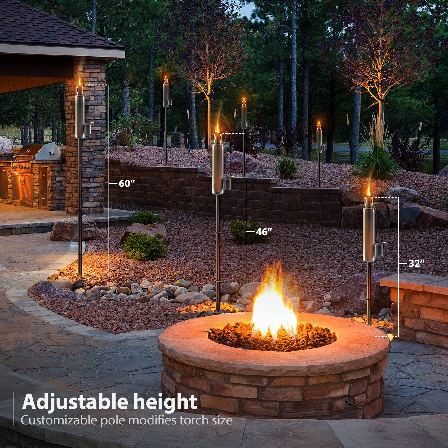 Matney Stainless Steel Outdoor Torches - Set of 2 - 5 ft Oil Lamp with Fiberglass Wick - Decorative Garden Lights