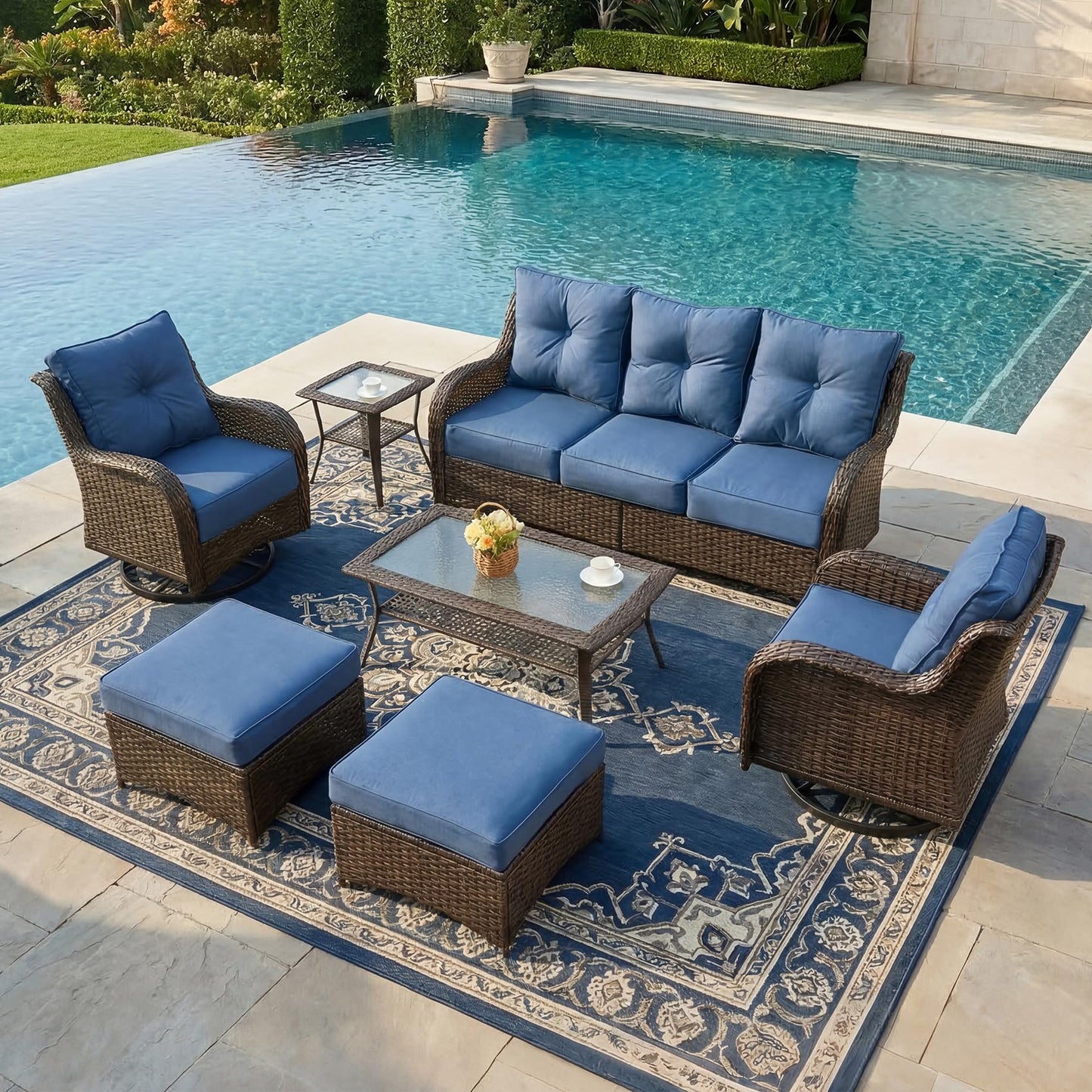 SAILARY Patio Furniture Set, 7PCS Outdoor Wicker Conversation Set with 6" Thick Cushions, High Back Rattan Sofa & Swivel Rocker Chairs, Weather Resistant Olefin Fabric for Garden, Poolside, Navy Blue