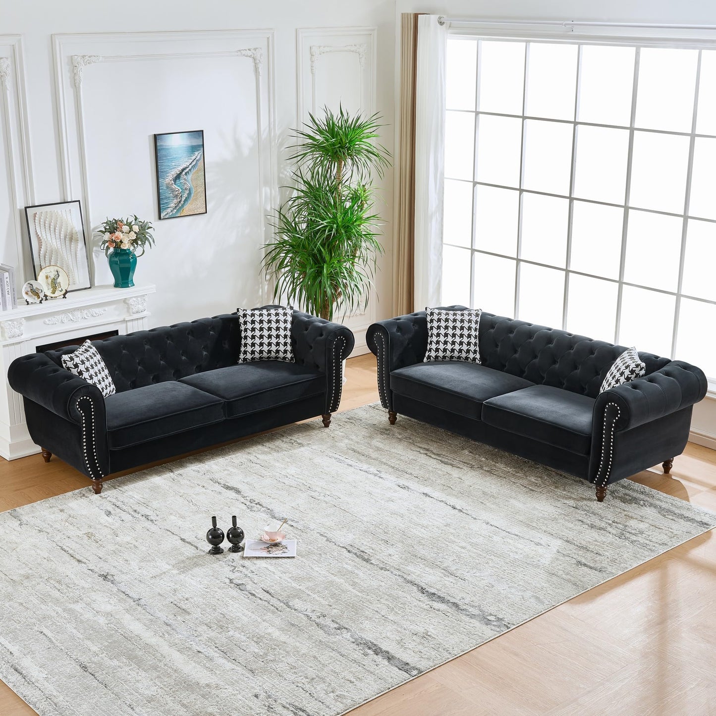 KEIKI 89" ‌Chesterfield Velvet Sofa, Mid Century Modern 3 Seater Couch w/Roll Armrest & Nailhead, Comfy Upholstered Sleeper Cloud Couches SofaBed for Office Apartment Living Room, Easy Assembly, Black