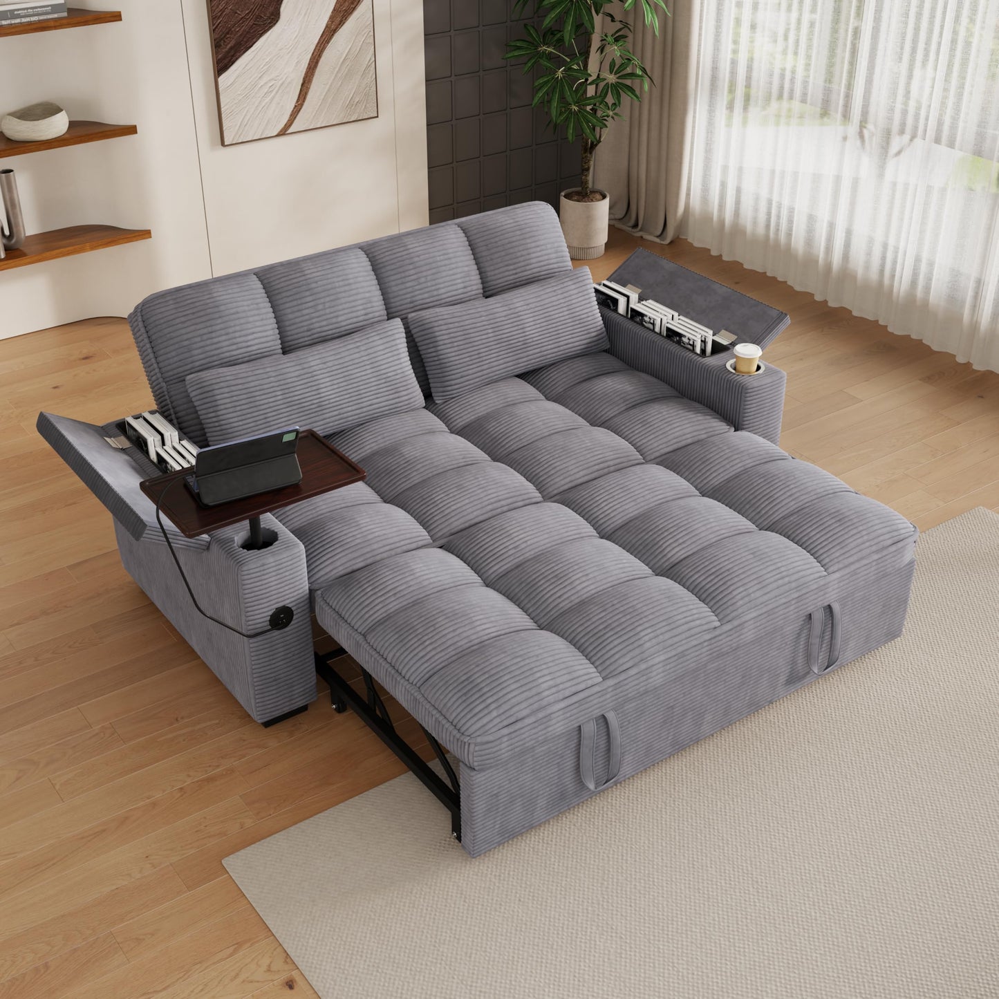 KEIKI 65" 3-in-1 Convertible Sofa Bed, Space-Saving Pull-Out Sleeper Loveseat with 360° Swivel Table, USB Charging Ports & Hidden Storage, Premium Ribbed Corduroy Couch for Apartments