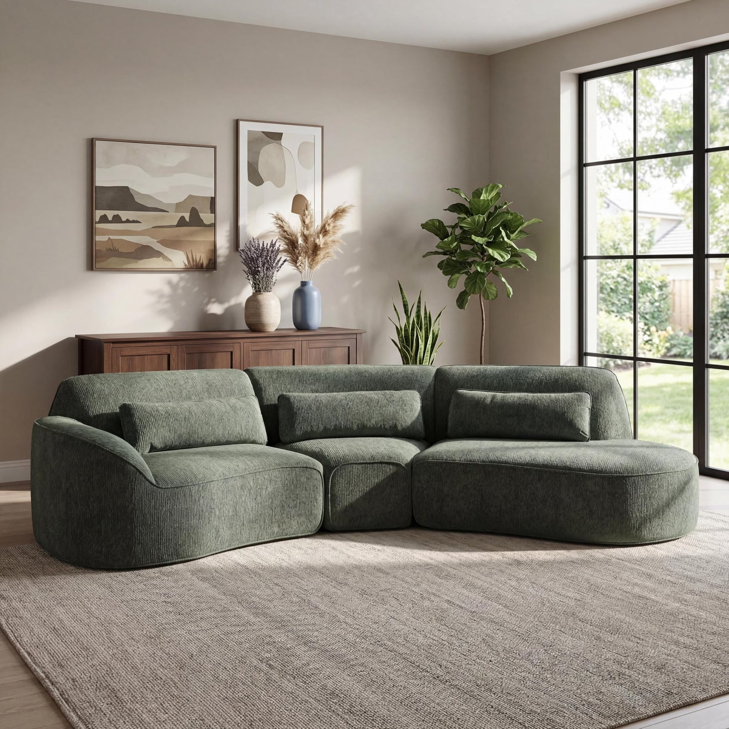 Merax 123.23" Curved Polyester Sectional Sofa Set, Modern Cloud Couch with Chaise Lounge & 3 Pillows & Right Hand Facing, High-Density Fully Compressed Sponge, Fully Assembled for Living Room, Green