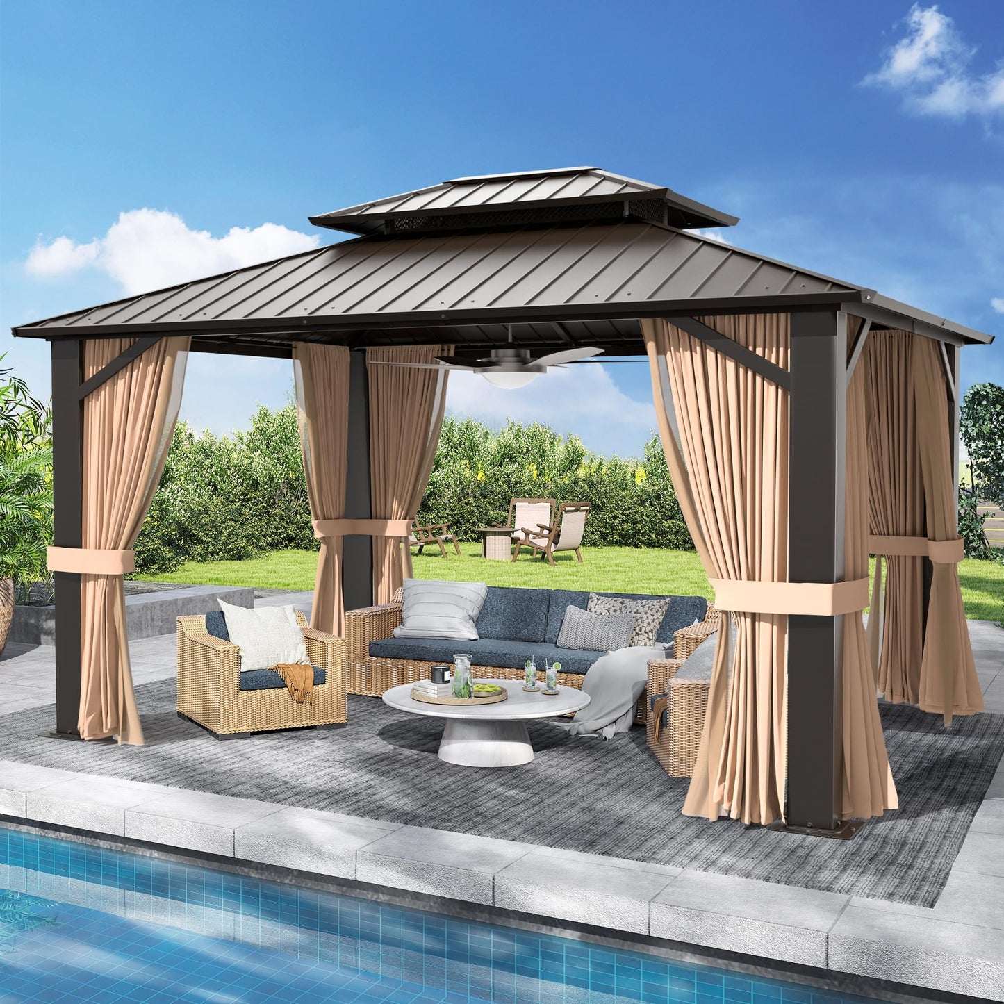 SOLUMIA 10’x12’ Hardtop Gazebo, Galvanized Steel Double Roof Canopy with Heavy-Duty Steel Frame, Outdoor Pavilion with Nettings and Curtains