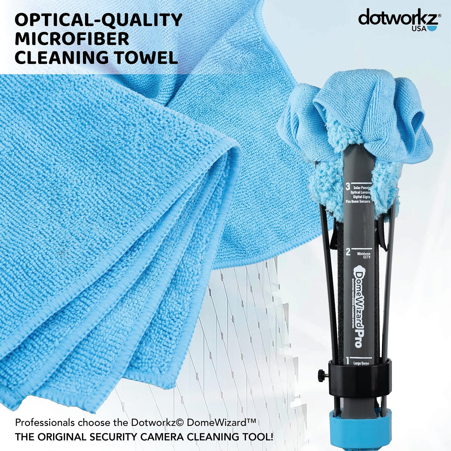 DomeWizard™ Compact Security Camera Cleaning Kit with Pole – Streak-Free Lens Cleaner for Dome, PTZ, Mini Dome & Bullet Cameras – Reusable Microfiber Mitt + 8oz Cleaning Solution
