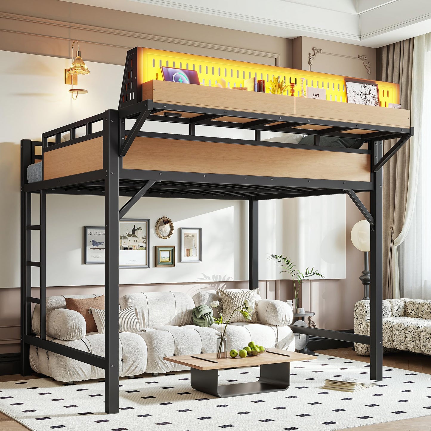 KEIKI Full Size Loft Bed Frame with Storage Shelves & Pegboard, Heavy Duty Metal Loft Bed with USB Ports and LED Lights for Teens Adults Guest Rooms Apartments Study Spaces & Modern Bedrooms