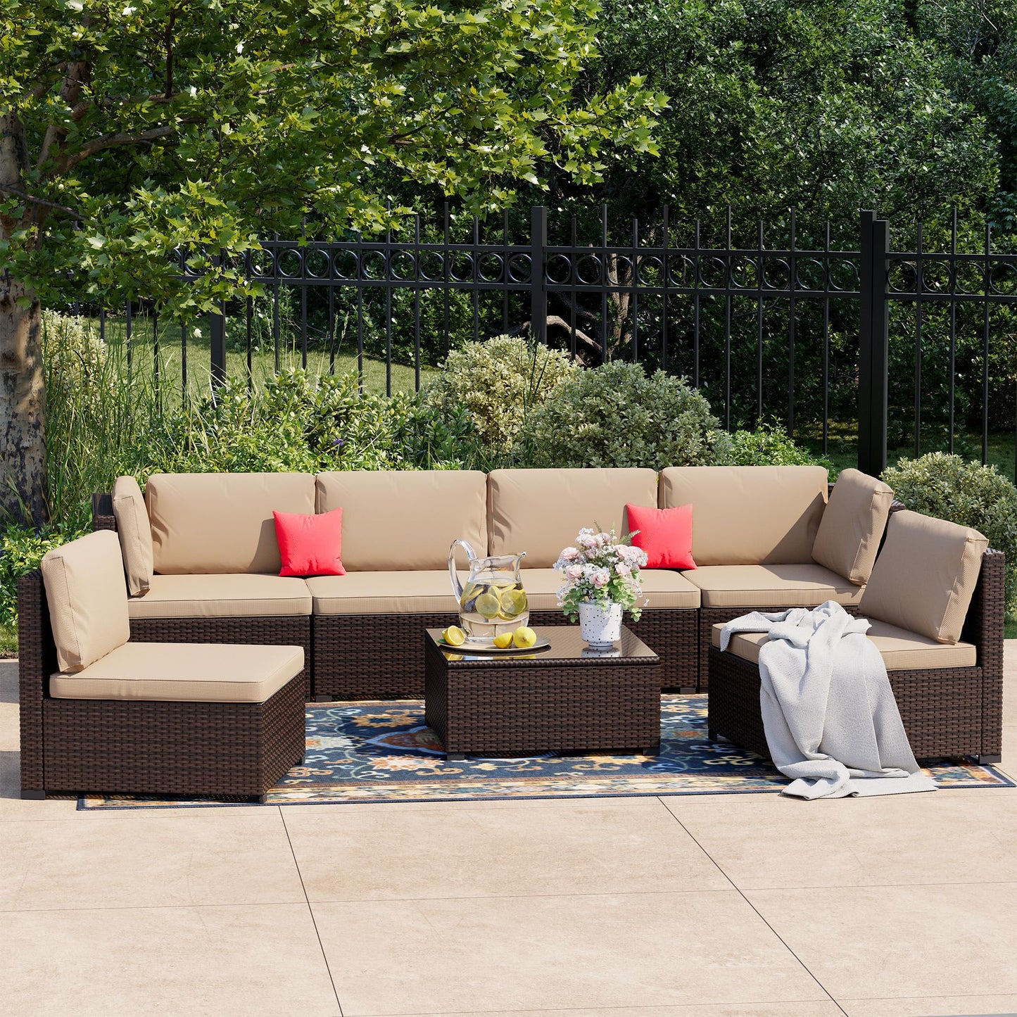 LHBcraft 7 Pieces Outdoor Furniture Set, Wicker Furniture Patio Conversation Sets with Tea Table and Thickened Beige Cushions, Outdoor Patio Sectional Sofa for Garden, Poolside, Backyard