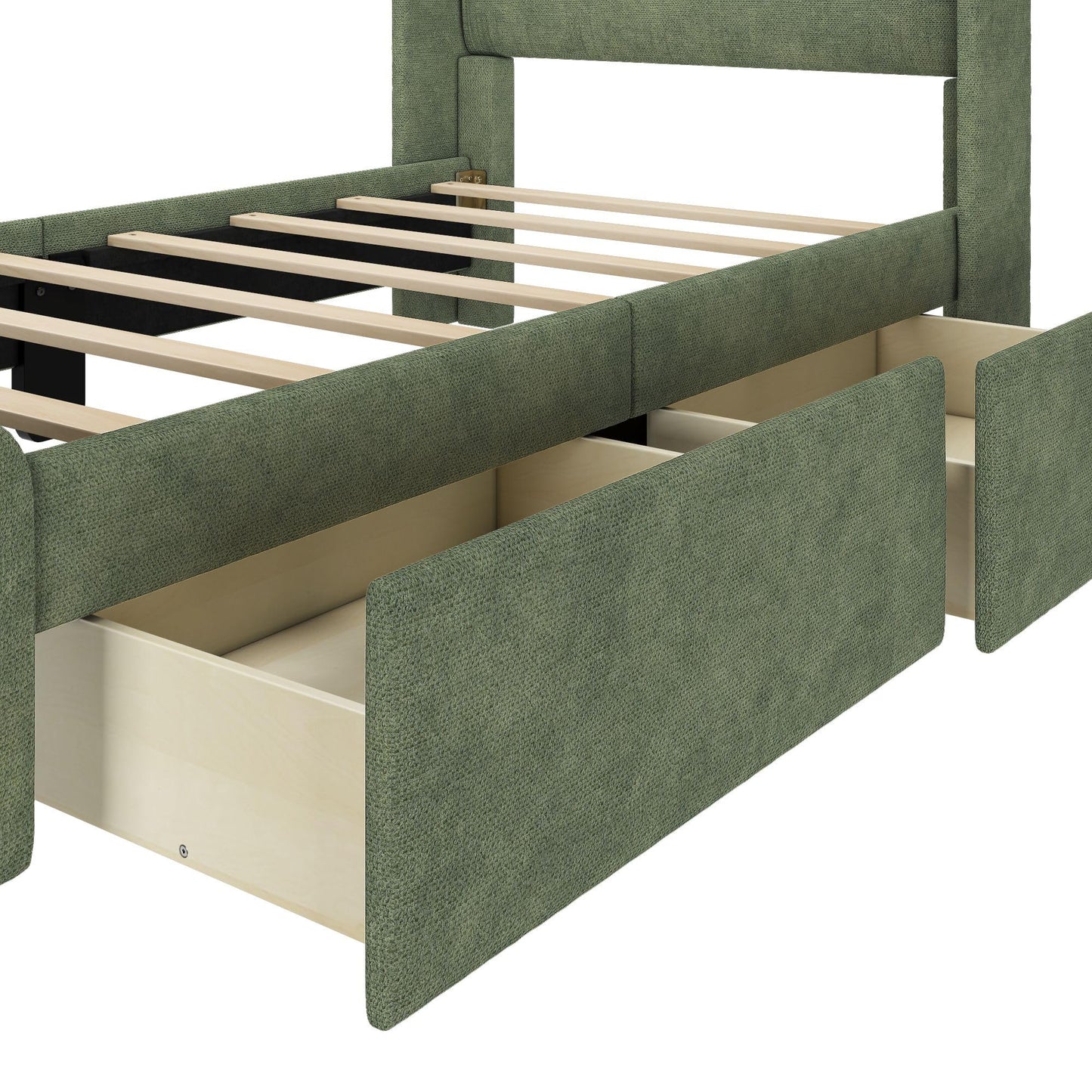 Max & Lily Upholstered Twin Bed Frame with Rectangular Headboard and Two Storage Drawers, Upholstered Platform Bed for Kids, No Box Spring Needed, Easy Assembly, Green