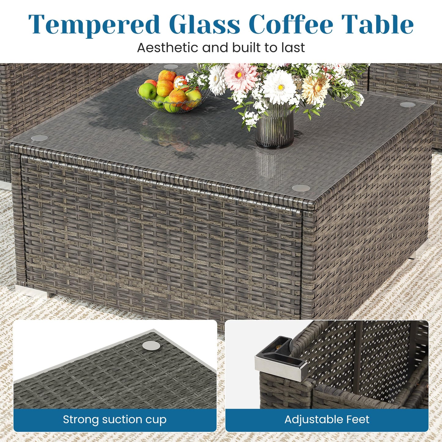5 Pieces Outdoor Patio Furniture Set, Patio Sectional Furniture Set, All-Weather Wicker Rattan Patio Conversation Set with Washable Thick Cushions and Coffee Table, Outdoor Patio Sofa Couch Set, Beige