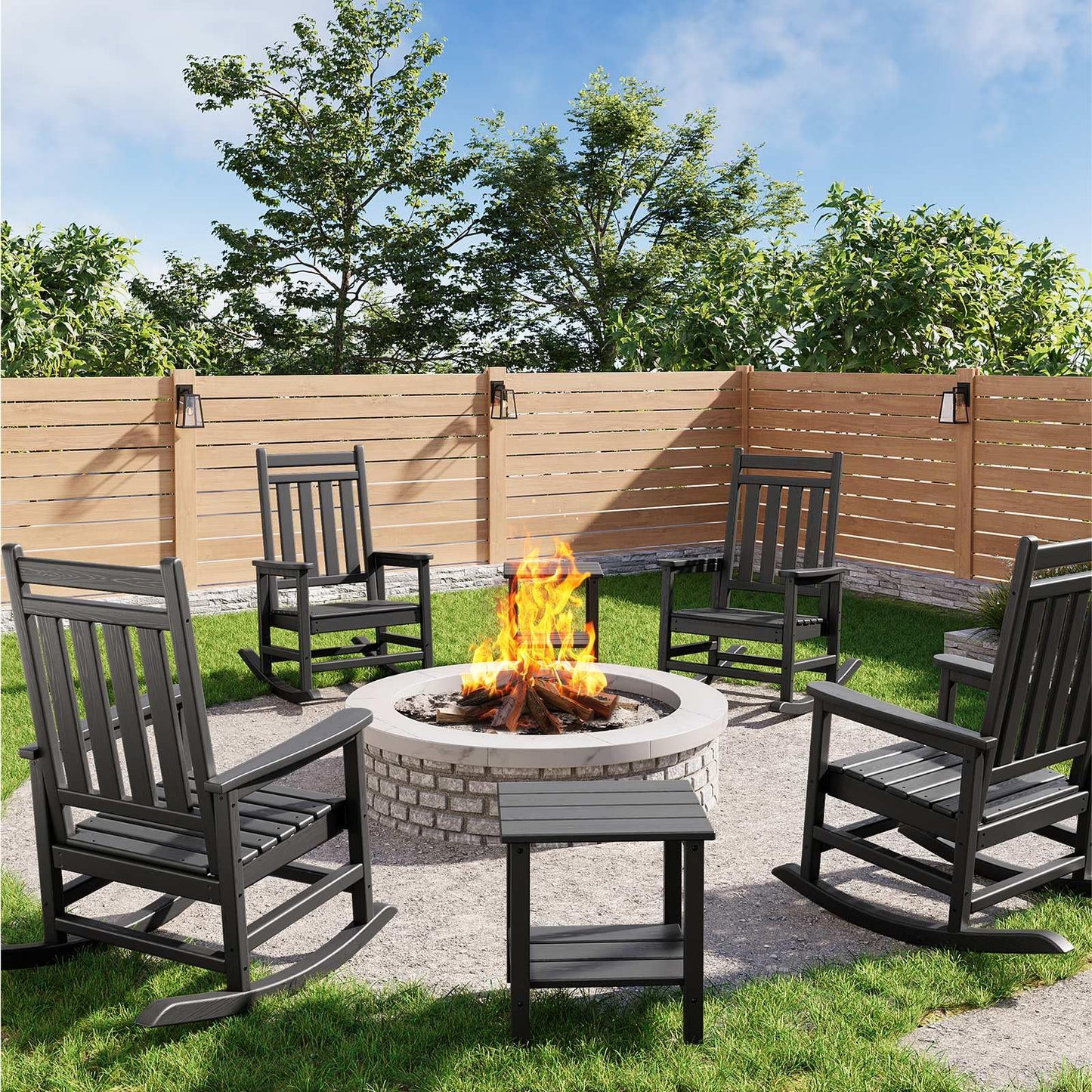 Garvee HDPE Rocking Chair Outdoor Set of 4 with 2 Side Table - Poly High Back Porch Rocker Chairs for Adults - All Weather Resistant Furniture for Patio Front Porch - Black