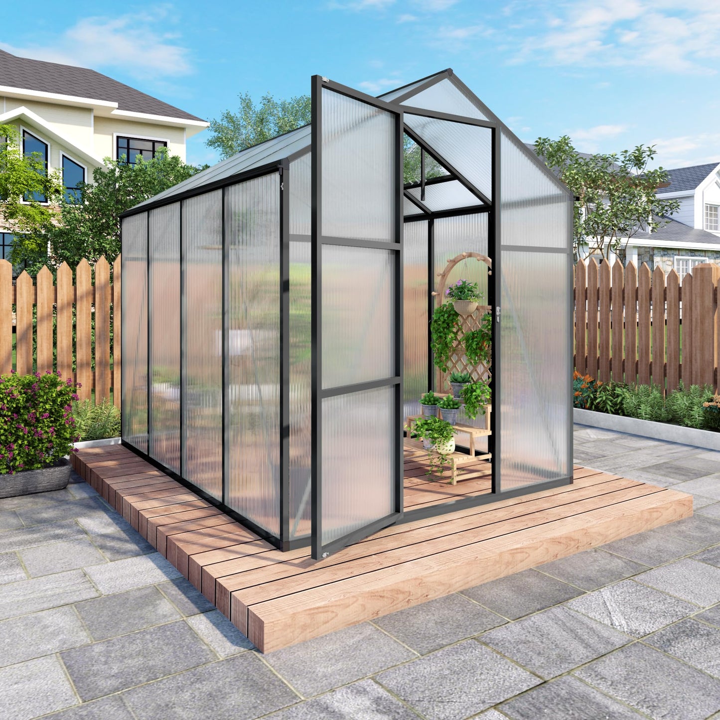 Walk-in Greenhouse 6x14FT, Aluminum Frame Polycarbonate Green House Kit, Heavy-Duty Plant Shelter with Vent Windows & Drainage System, UV Resistant Outdoor Garden Greenhouse for Vegetables Flowers