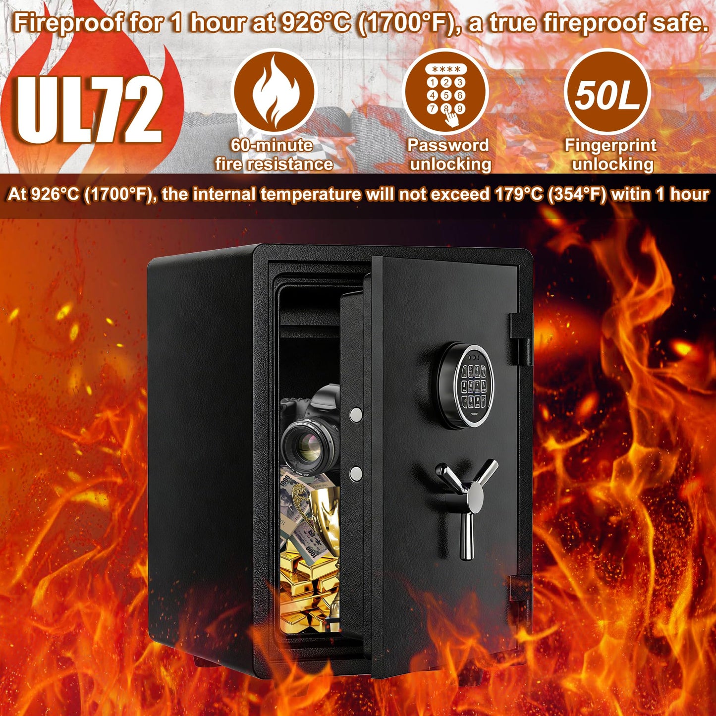Waterproof and Fireproof Safe Box for Home with Digital - 0.9 Cubic Feet 94 lbs Heavy 1 Hours Fire Proof Safes - Home Safes Box for Firearm Medicine Money Valuables Document (Black, 94 LBS)