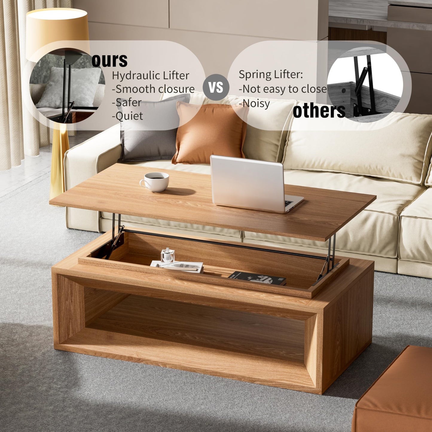 KEIKI 43.3" Lift-Top Coffee Table with Hydraulic Storage, Converts to Desk or Dining Table, Hidden Compartment, Open Shelf, Multifunctional Small Coffee Table for Living Room, Office, Natural Wood