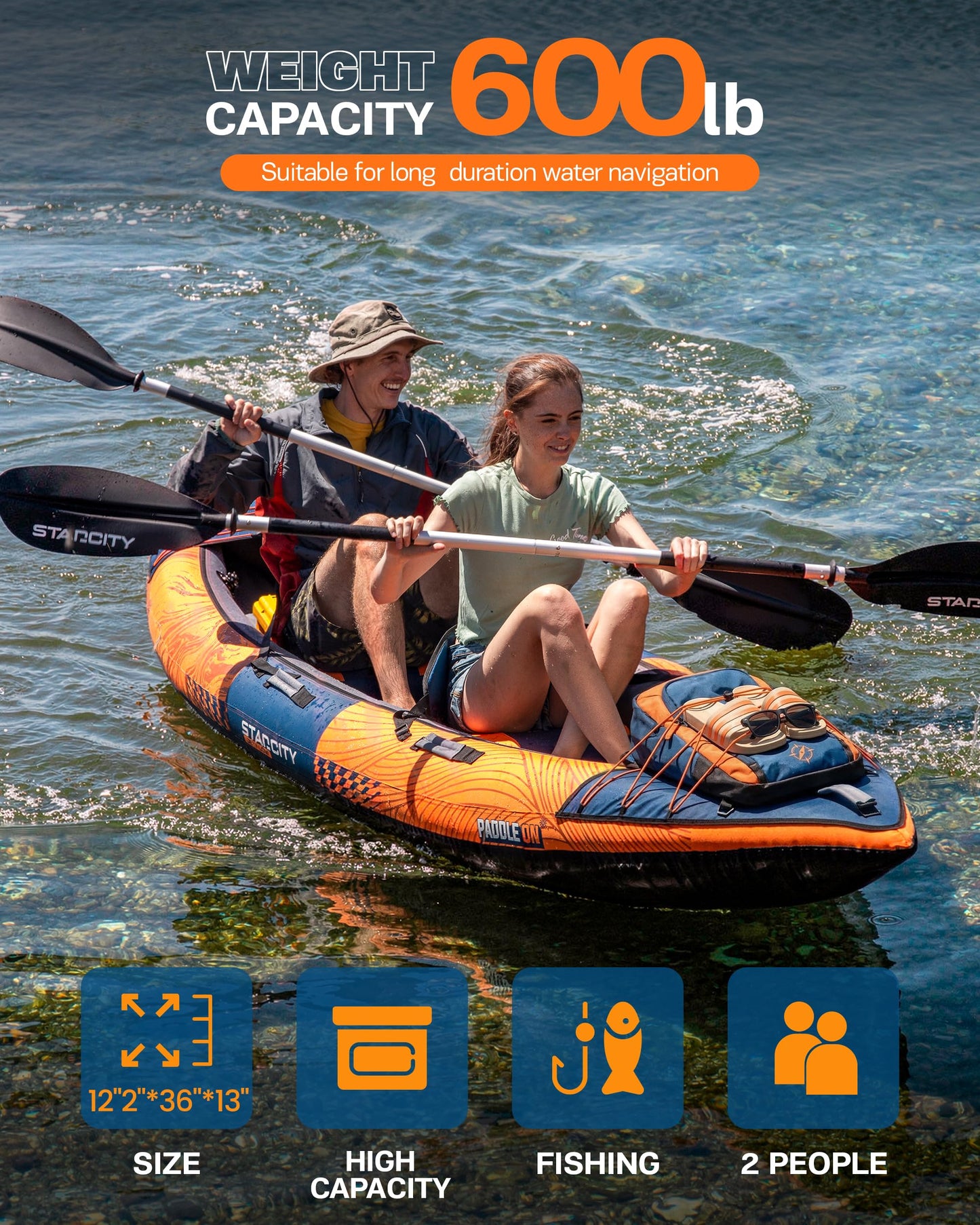 Kayak Inflatable Sit on Top Tandem Wide Stable Touring Fishing Performance 600 pound Capacity 12"2"*36"*13" for Lake Coastal Exploration Family Kayak Beginners Angler Kayak Adjustable Seat Footrest