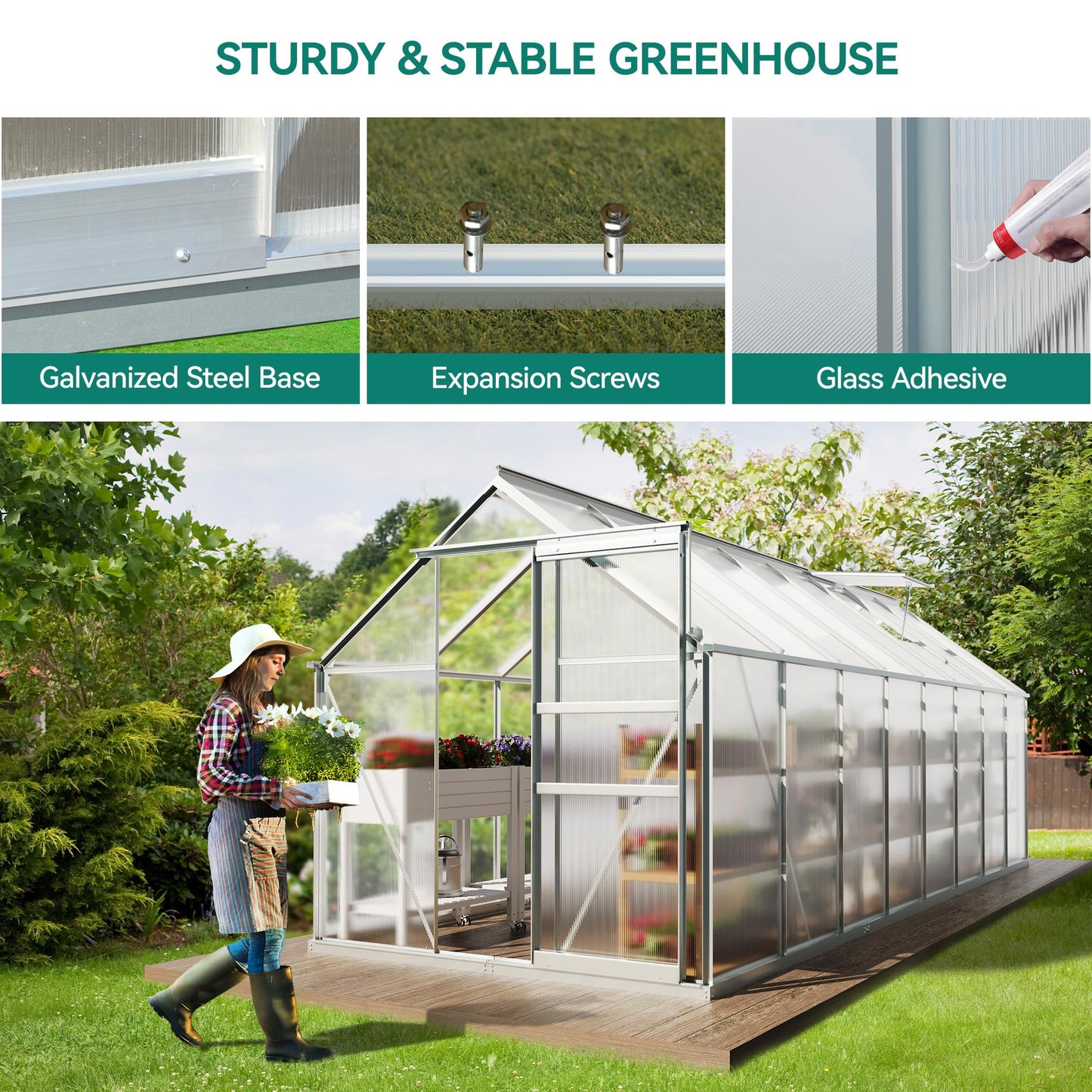 YITAHOME 6x16FT Polycarbonate Greenhouse Large Heavy Duty Green Houses Outdoor Aluminum Greenhouses with Sliding Doors Vent Window Walk-in Greenhouse for Garden Backyard, Silver