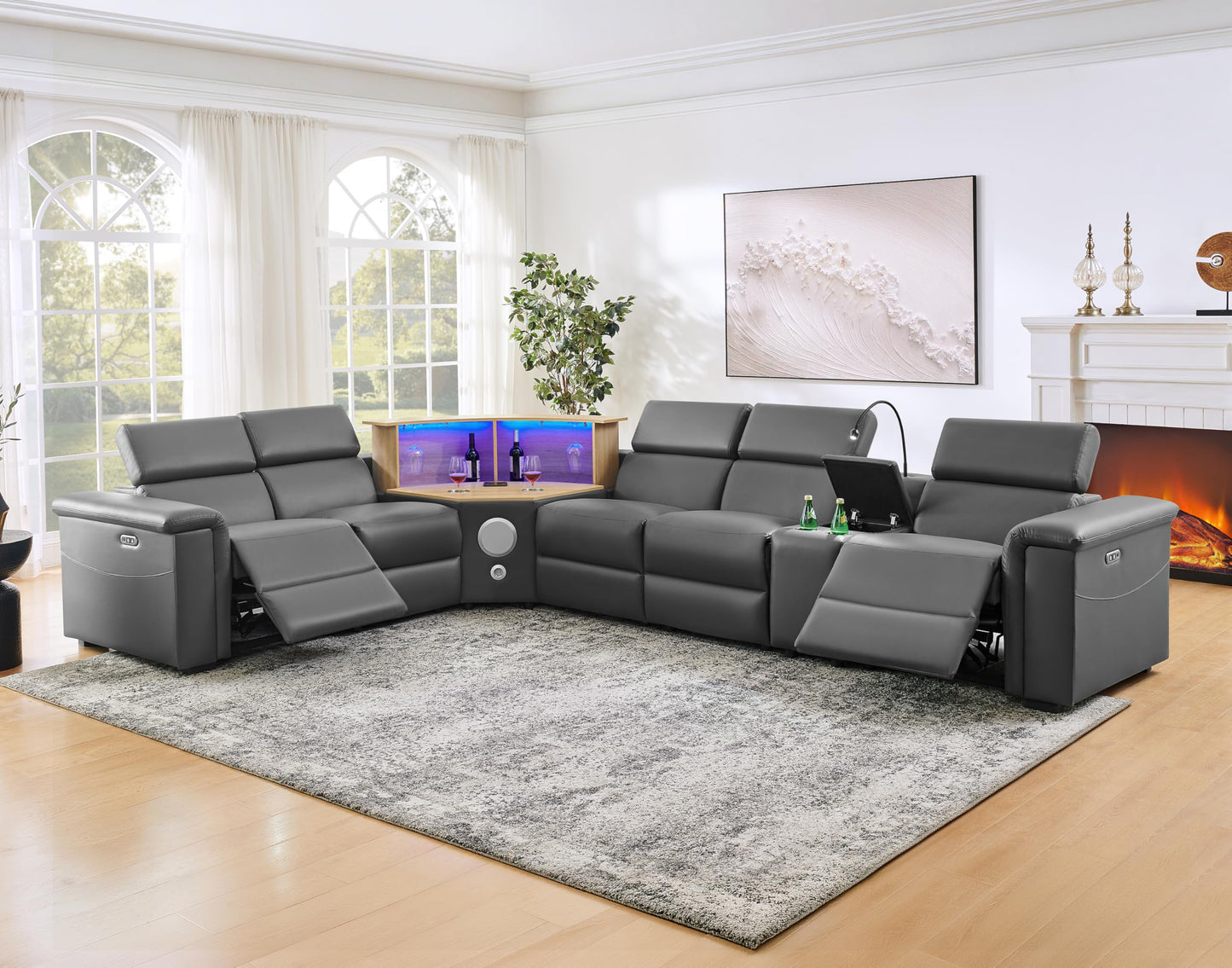 KEIKI 130" L-Shaped Air Leather Powered Reclining Sofa with Motorized Lift Cabinet & Multi Functional Console & Adjustable Backrest & Footrest, Electric Control 5-Seater Couch, for Living Room, Gray