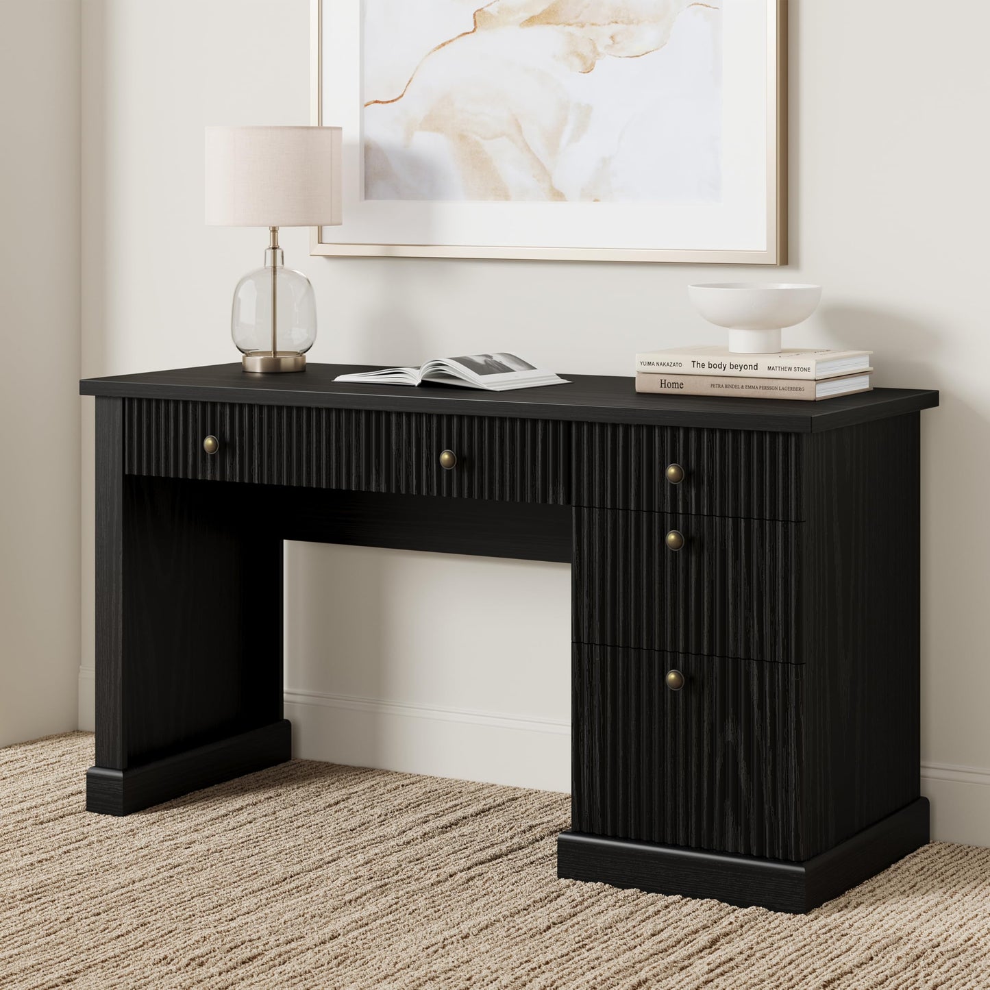IDEALHOUSE Modern 54" Executive Office Desk with Fluted Details & Charging Station - Wooden Computer Desk with File Drawers, Home Office Storage Desk for Study, Living Room or Bedroom, Black