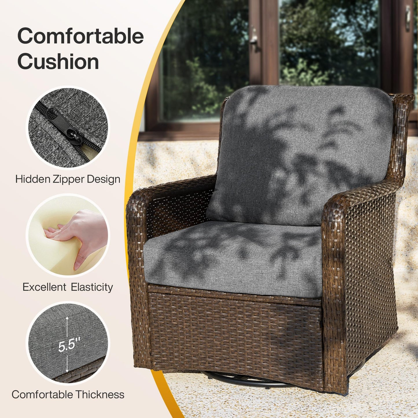 Tribesigns 5-Piece Outdoor Wicker Patio Furniture Set with 2 Swivel Chairs, 1 Loveseat & 2 Tables, Wicker Patio Chair Set with 26.8'' Deep Seat, Luxury Conversation Set for Porch, Yard, Brown/Gray