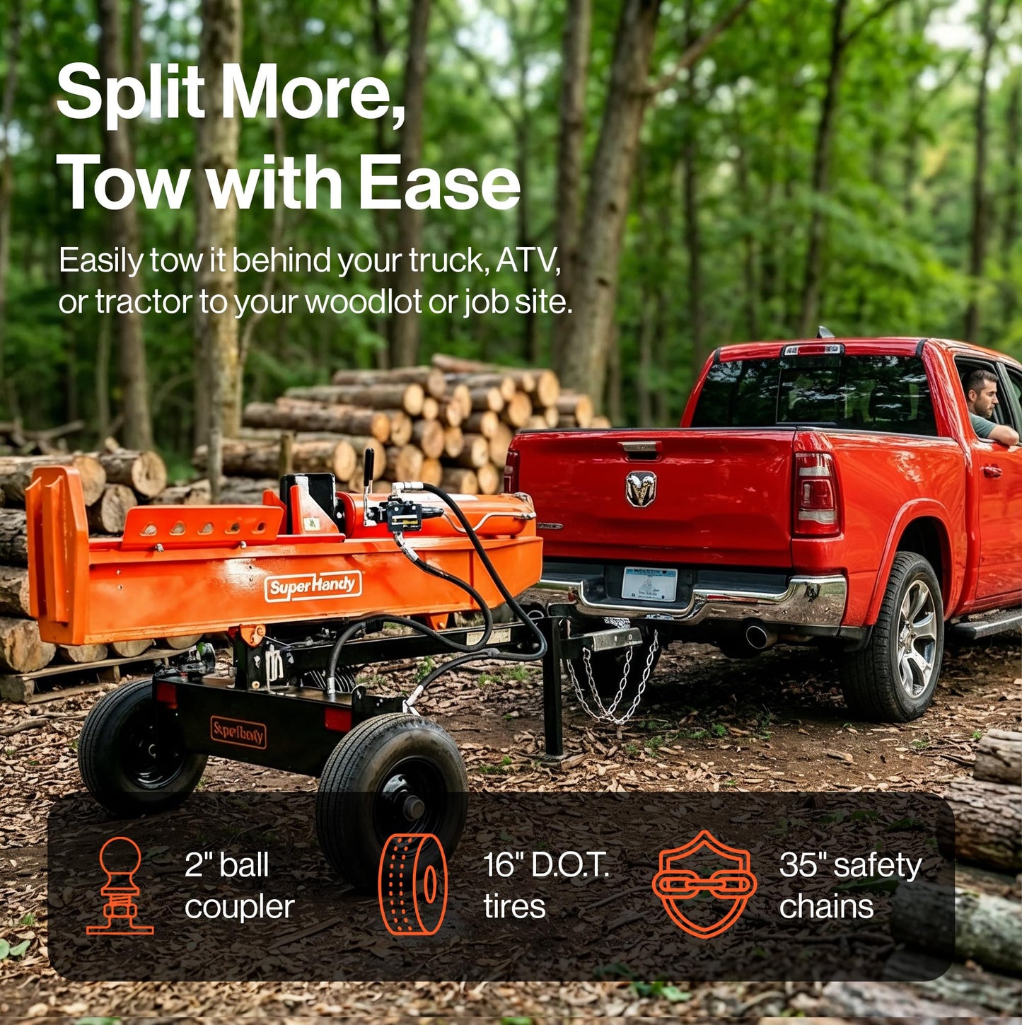 Superhandy 37 Ton 389 cc Gas Powered Full Beam Log Splitter w/Vertical/Horizontal Operation and Auto Return Valve, Towable with 2'' Ball Coupler