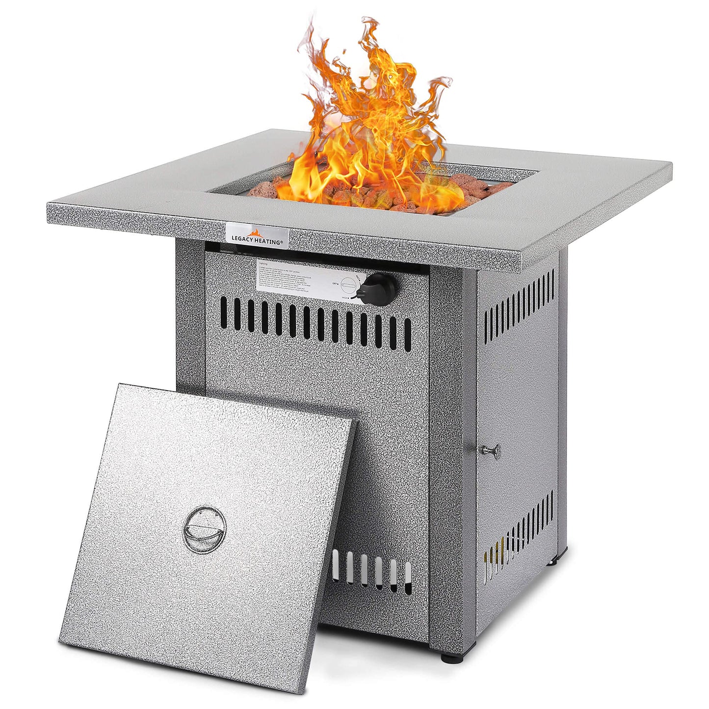Fire Pit Table, Gas Firepit Square Steel Fire Pit Outdoor Fireplace for Patio with Pulse Ignition System, Small Fire Pit for Deck and Garden, 50000BTU, Silver Grey