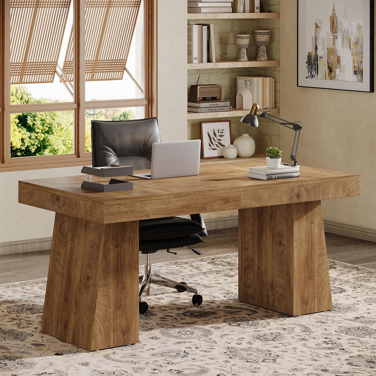 Tribesigns 55" Executive Desk, Wooden Office Desk with Double Pedestal, Modern Simple Computer Writing Table for Home Office, Light Brown