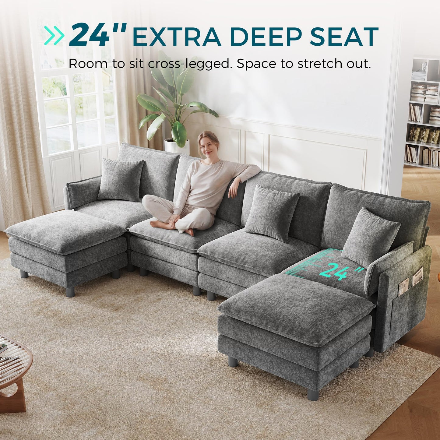 LINSY HOME 129'' Modular Sectional Sofa 4 Seat Couch Chenille Cloud Couch with Deep Seat, U Shaped Couch with 2 Movable Ottoman for Living Room, Office, Bedroom, Grey(Pillows Included)