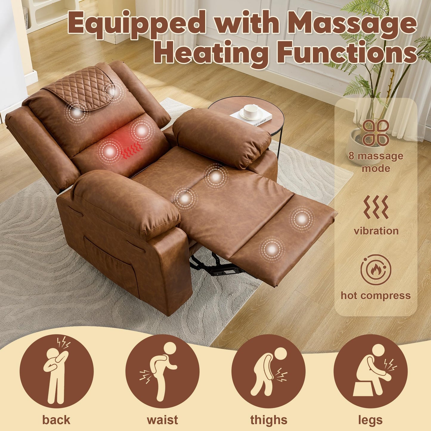 Adult Manual Recliner with Heating and Massage Functions (135° Front and Rear Adjustment) - Equipped with Side Storage Pockets and Remote Control, Suitable for Living Room and Bedroom(Brown)