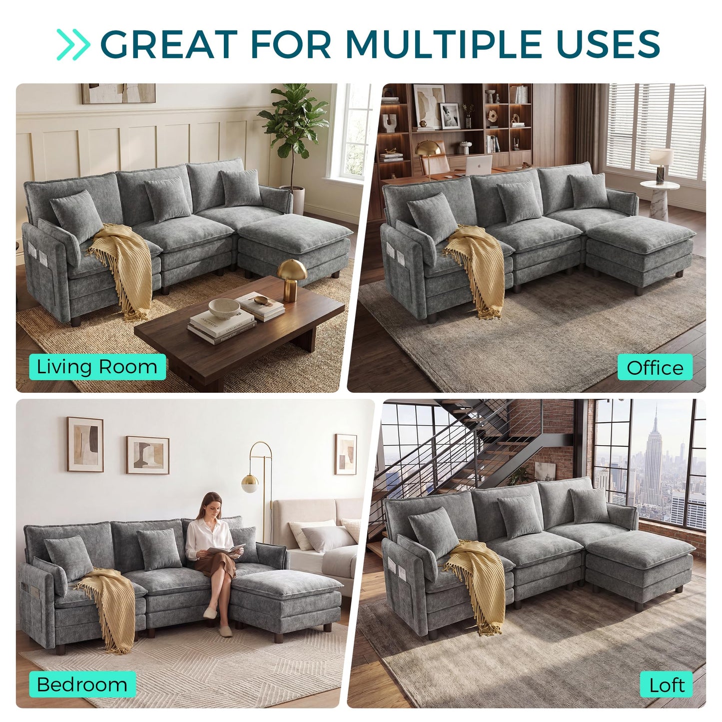 LINSY HOME 98'' Modular Sectional Sofa 3 Seat Couch Chenille Cloud Couch with Deep Seat, L Shaped Couch with 1 Movable Ottoman for Living Room, Office, Bedroom, Grey(Pillows Included)