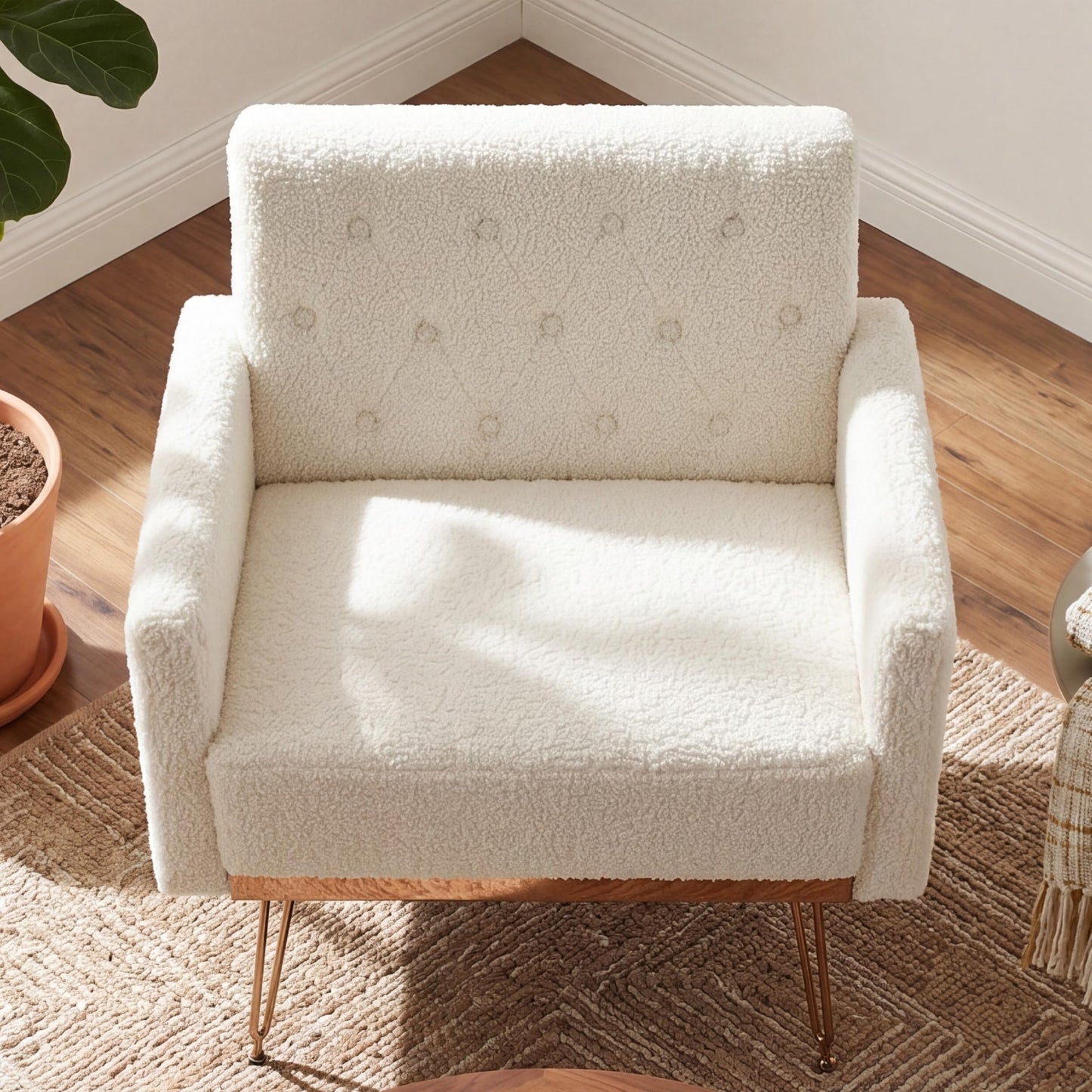 KEIKI Small Teddy Accent Chair, 31 Inch Modern Tufted Upholstered Armchair with Metal Leg, Comfortable Single Sofa Side Reading Chairs, Comfy Arm Chair for Bedroom Living Room, Easy Assembly, White