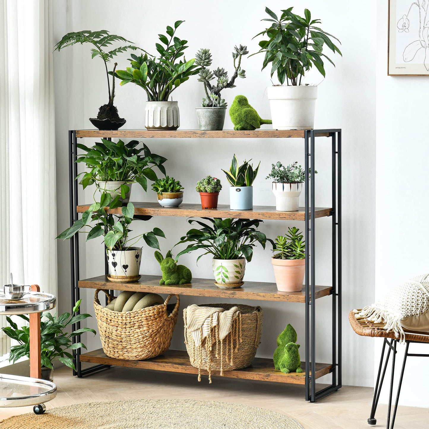 HCHQHS Bookshelf,4-Tier Industrial Bookcase,Rustic Wood and Metal Open Display Book Shelves Home Office,Bedroom Standing Shelf Unit,Horizontal Kitchen Shelf Organizer,Bathroom Storage Rack 47in