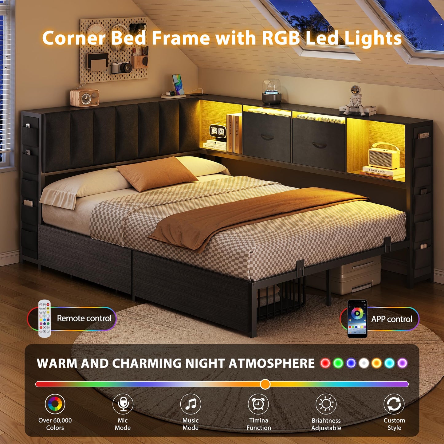MapleGrace Full Corner Bed Frame with Upholstered Storage Headboard and Drawers, Metal Platform Bed Frame with LED Light and Charging Station, Full Daybed for Living Room, Bedroom & Guest Room, Black