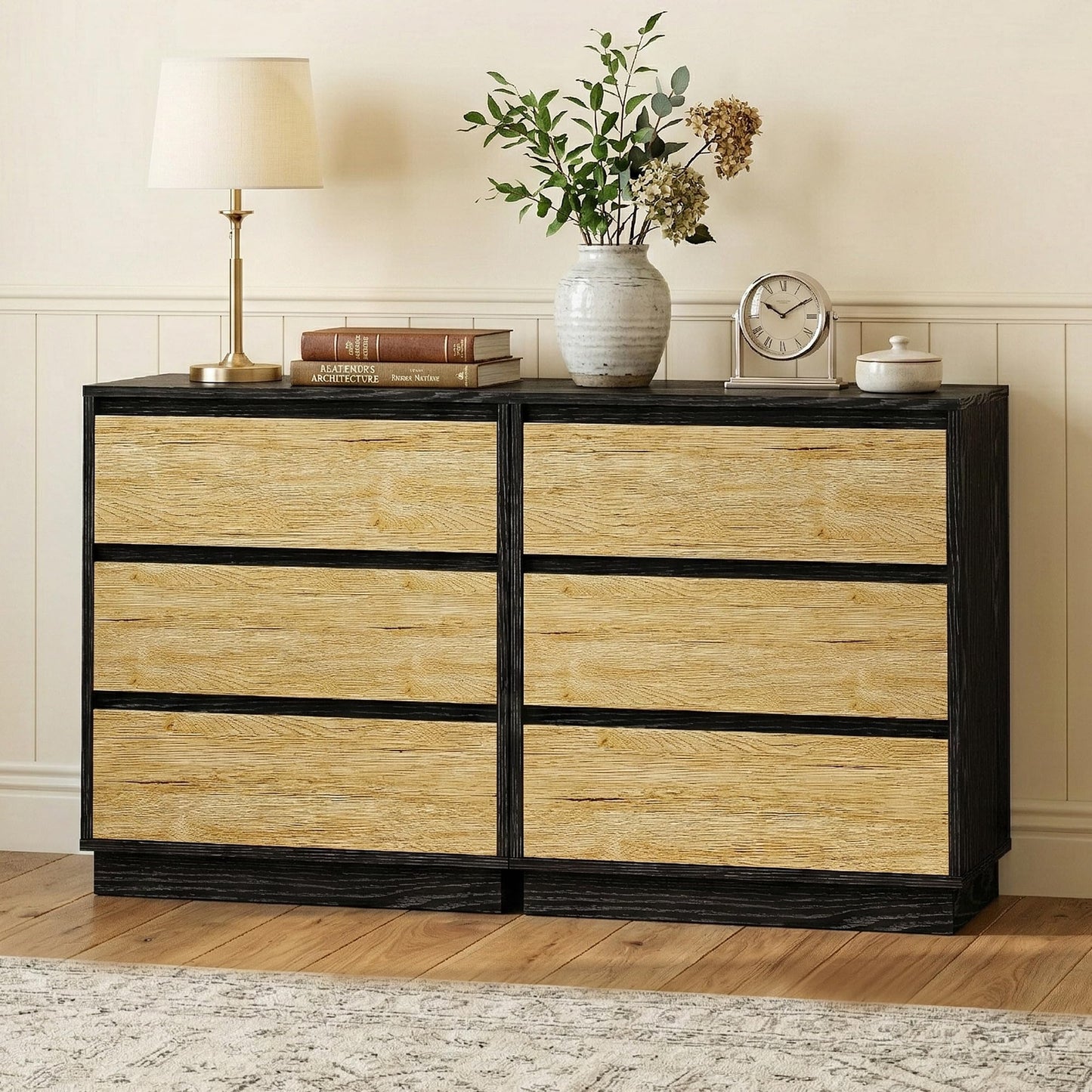 RoyalCraft Nightstand Set of 3, 23.6" Night Stand with 3 Drawers Storage, Large Bedside Table, End Table for Bedroom, Closet, Black and Wood