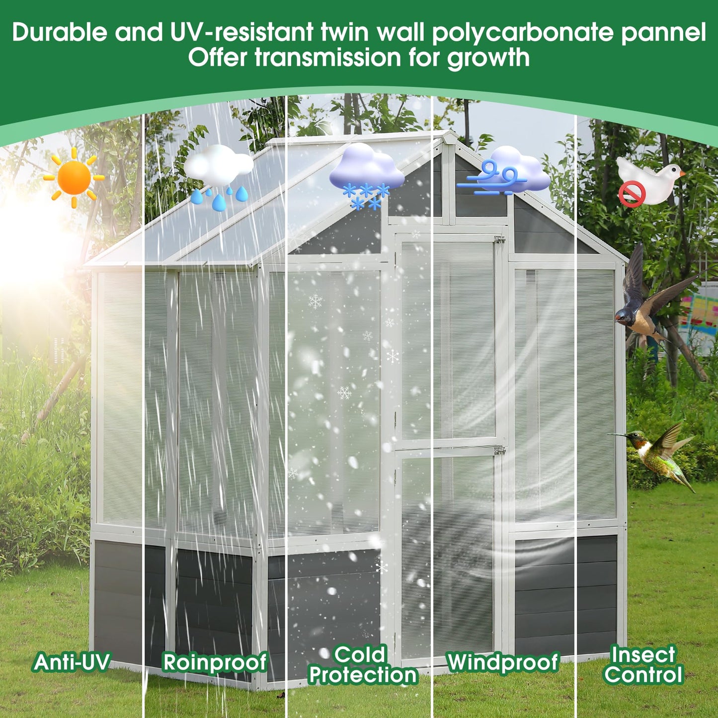 YOPTO Polycarbonate Greenhouse, Outdoor Walk-in Hobby Green House for Patio Backyard Lawn, Wooden Greenhouse Garden Shed for Plants, Grow House with Front Entry Door (76x48x86 in)