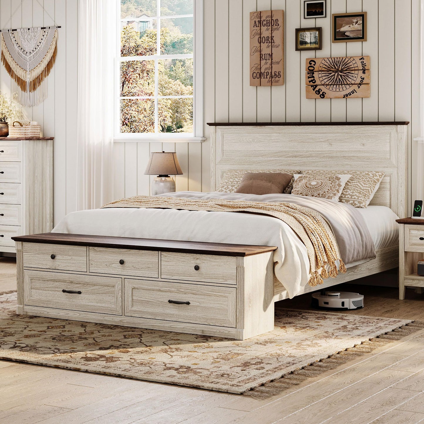 LINSY Storage Bed Frame Queen Bedframe with Drawers, Farmhouse Bed Frame Queen-Size with Headboard and Footboard Bench, Tall Bed Frames Wooden Platform Beds with Storage, No Box Spring, Antique White