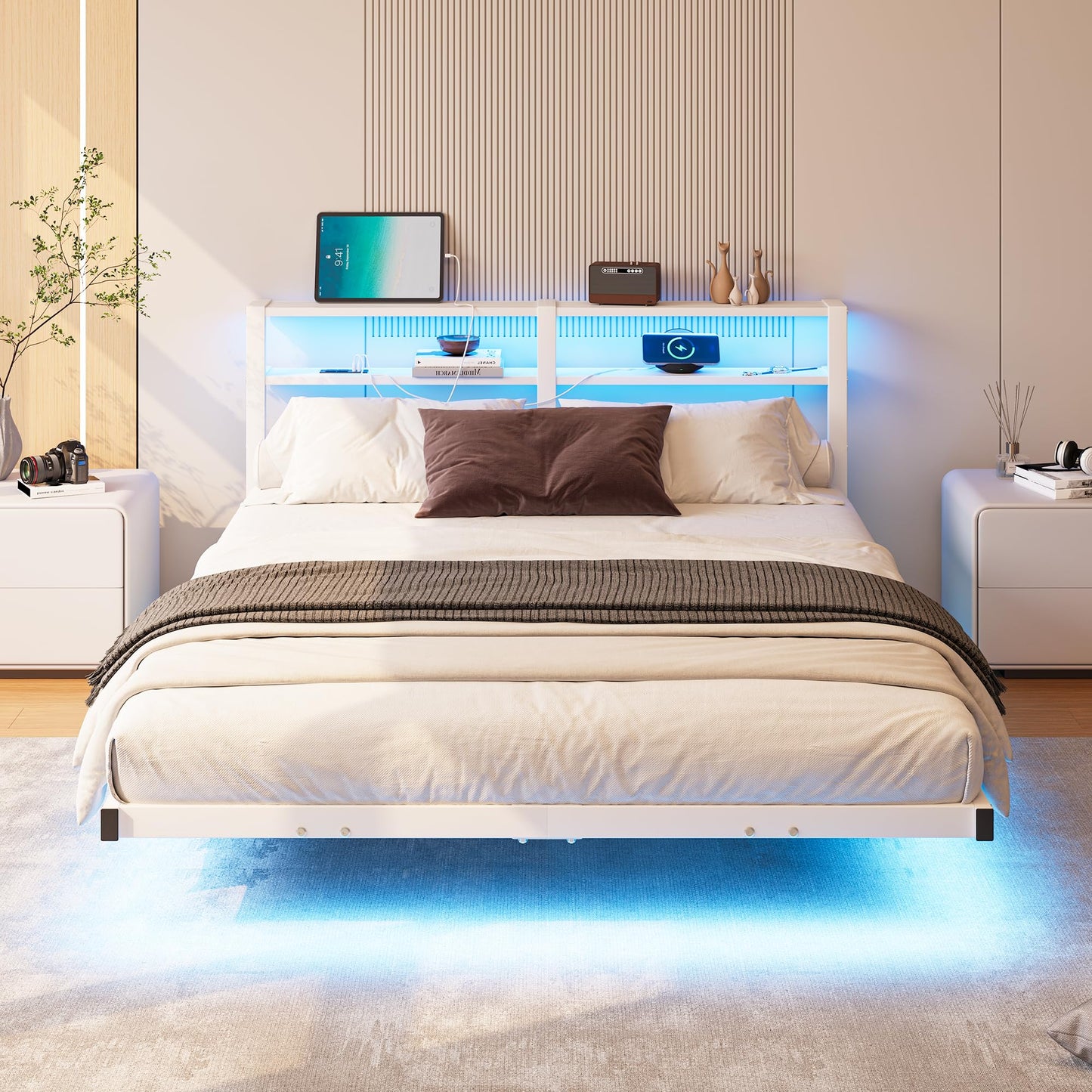 HAHRIR Floating Queen Bed Frame with LED Lights & USB Charging Station, Metal Platform Bed with Two Storage Shelves, Heavy Duty Noise-Free Slats,White