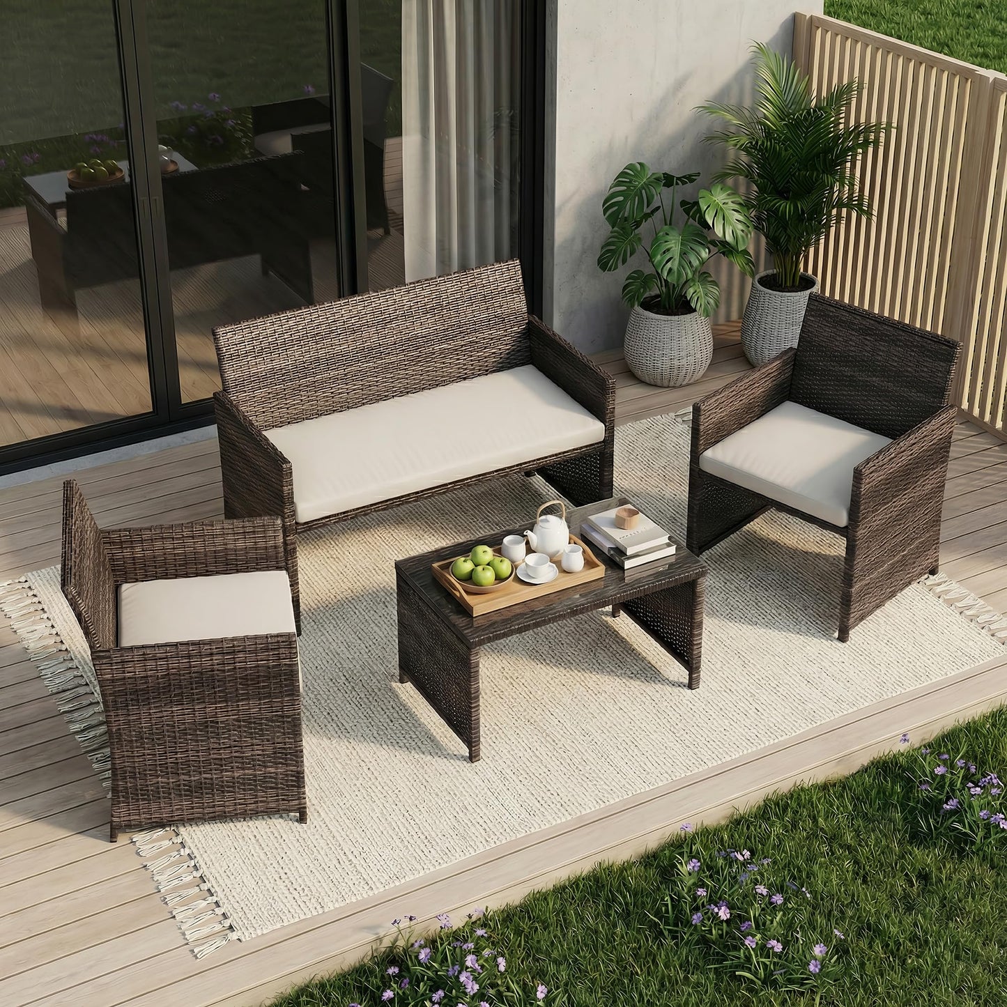 Garvee 4-Piece Patio Furniture Set, PE Rattan Outdoor Conversation Set with Cushions & Tempered Glass Table, All-Weather Wicker Patio Table and Chairs Set for Patio, Porch, Backyard, Brown and Beige