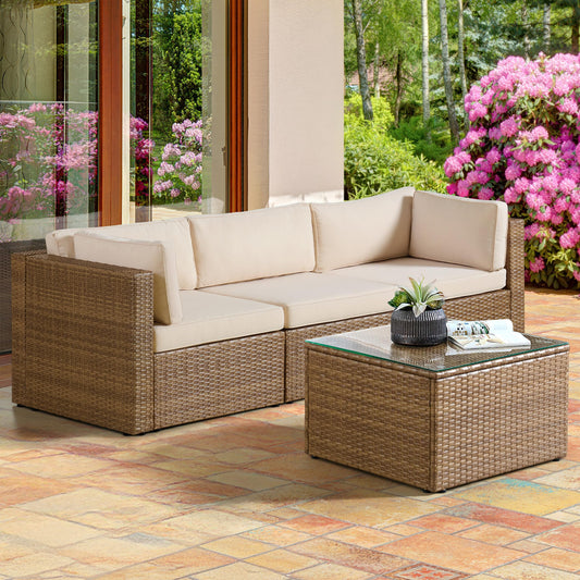 Alaterre Furniture Montara 4 Piece Modular Outdoor Patio Furniture Set - Weather-Resistant Wicker Rattan Patio Set with Outdoor Couch and Coffee Table for Backyard, Porch, Deck or Poolside (Tan/Cream)