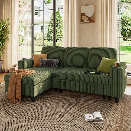 LINSY HOME Pull Out Sleeper Sofa Sectional Couches for Living Room, L Shaped Plush Corduroy Couch with Storage&USB Charging, Convertible Cloud Sectional Sofa Bed for Apartment, Green