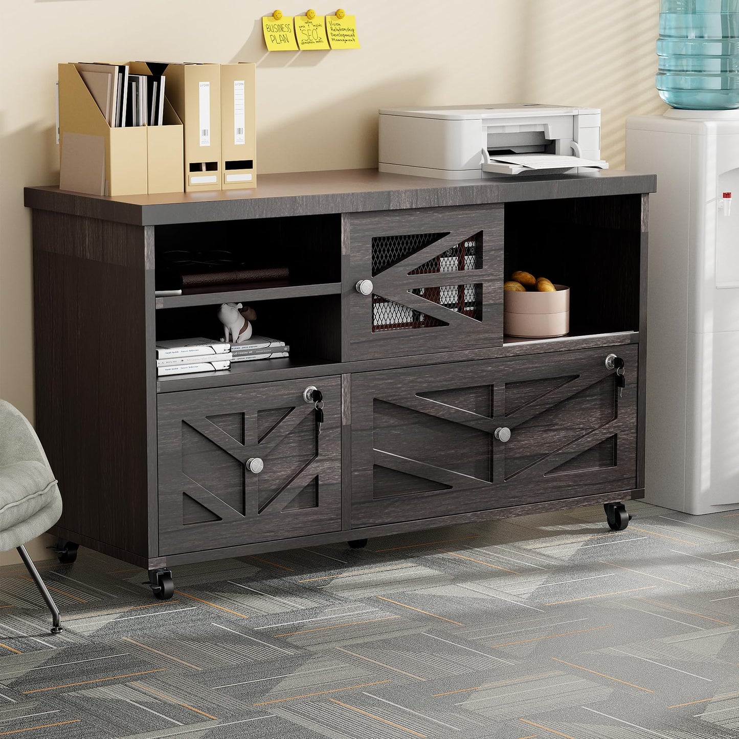 kepptory Lockable 2-Drawer Lateral File Cabinet with Open Storage Shelves, Rolling Filing Cabinet for Home Office, Holds Letter/Legal/A4 Files, Heavy Duty Mobile File Cabinet, Gray