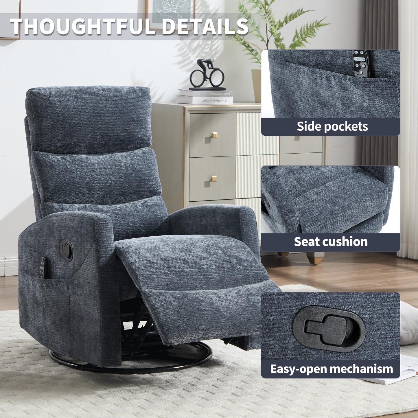 GDFStudio Heat Massage Manual Recliner Chair with Rocking and 360° Swivel, Chenille Fabric Recliner Chair with Lumbar Heat, 8-Point Vibration Massage, 155° Reclining Chair for Living Room, Blue Grey