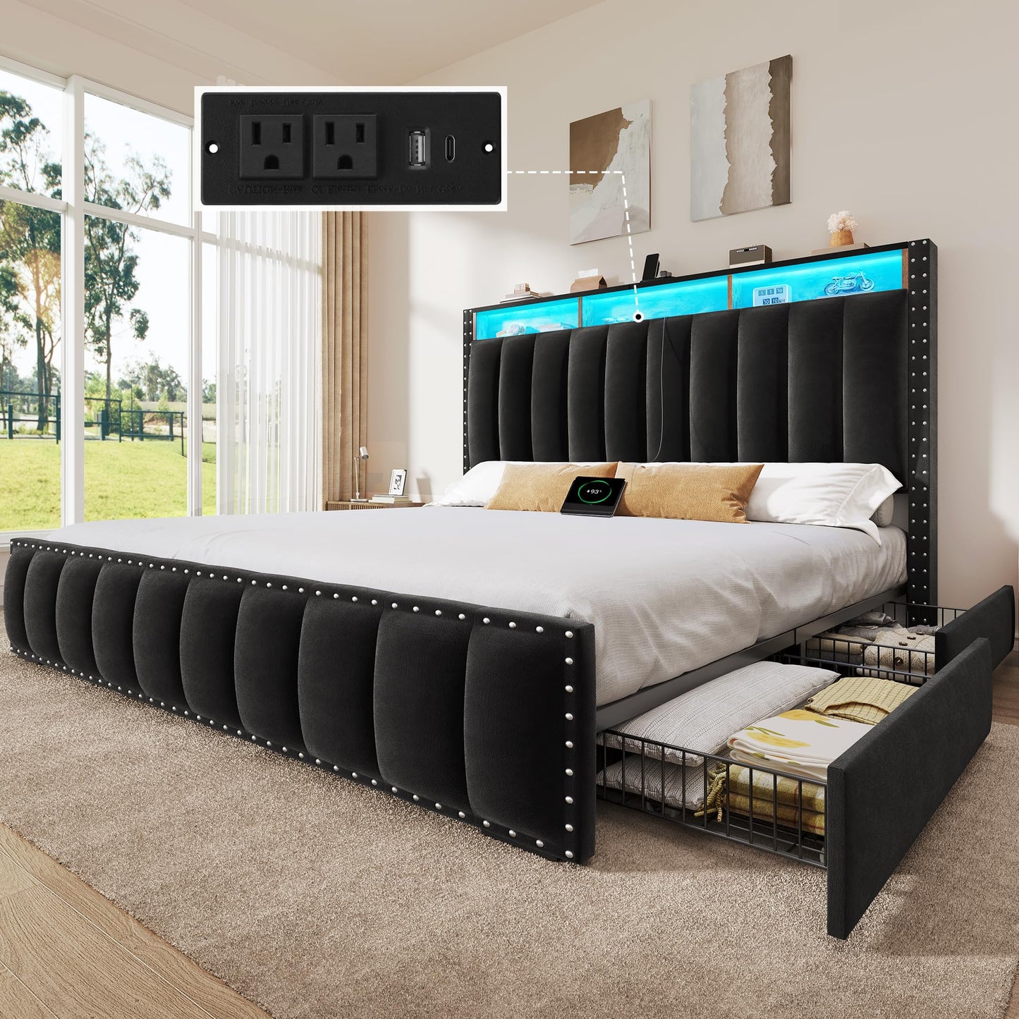 DWVO Queen Size Bed Frame with 4 Storage Drawers and RGB LED Lights, Velvet Upholstered Platform Bed with Charging Station and Bookcase Storage Headboard, No Box Spring Needed, Easy Assembly, Black