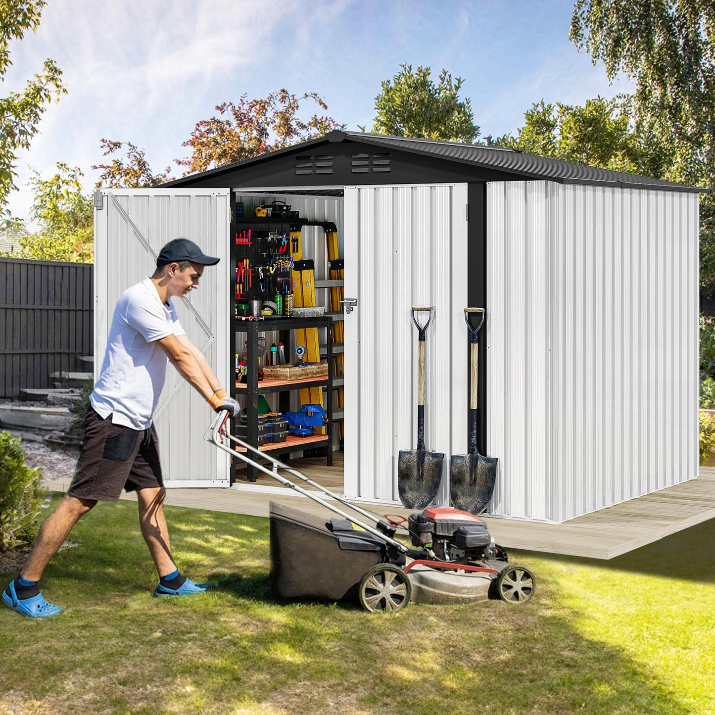 DWVO 7x5ft Metal Outdoor Storage Shed, Waterproof Tool Shed Heavy-Duty Storage Unit with Lockable Door and Vents, Ideal for Bicycles, Tools, Lawnmowers, Backyards, Patios, Lawns - White
